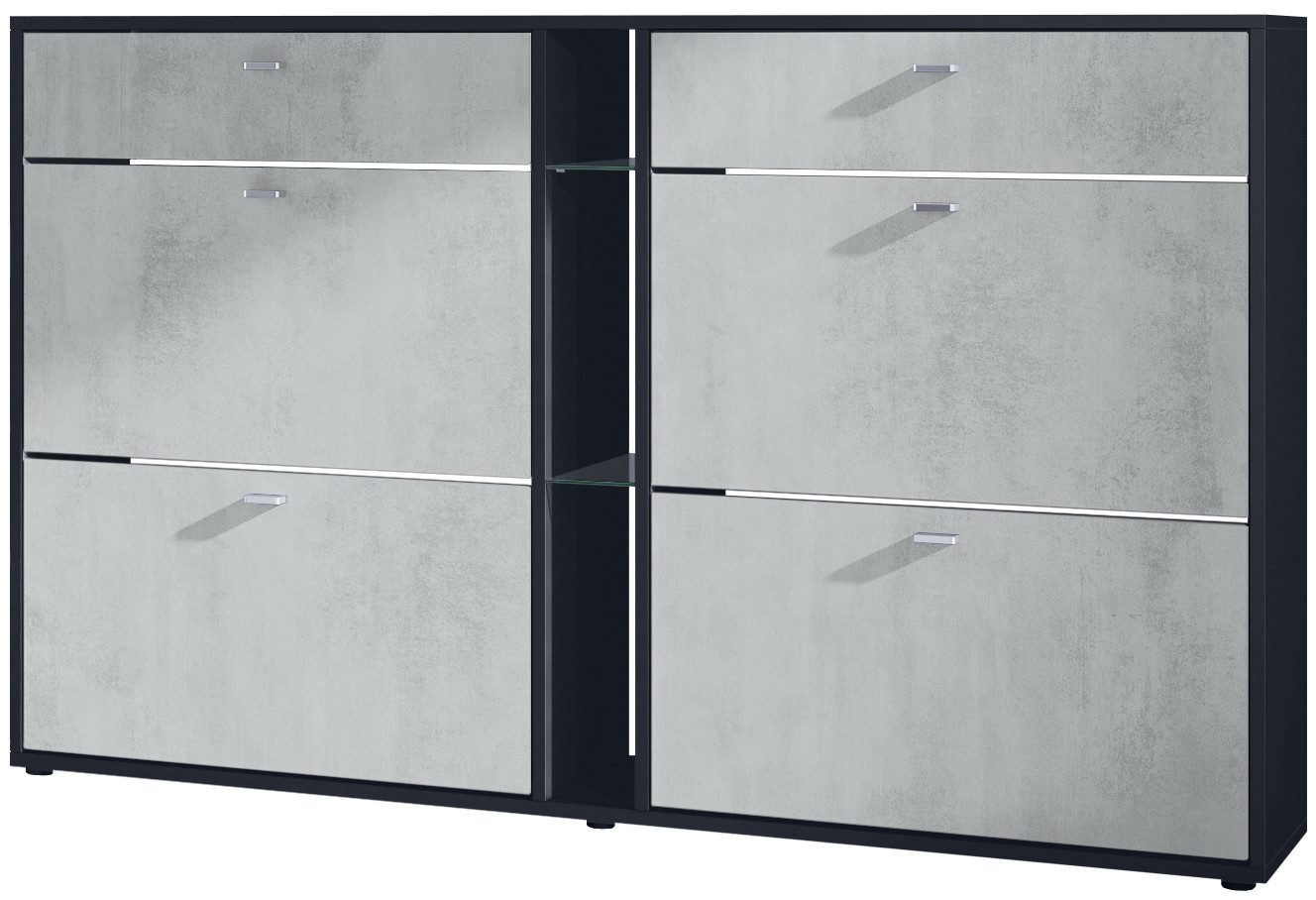 Vladon Schuhschrank Today (Schuhkipper für 24 Paar Schuhe mit 4 Klappen, 2 Schubladen und 3 offene Fächer) Schwarz matt/Beton Oxid Optik (155,5 x 95 x 28 cm)