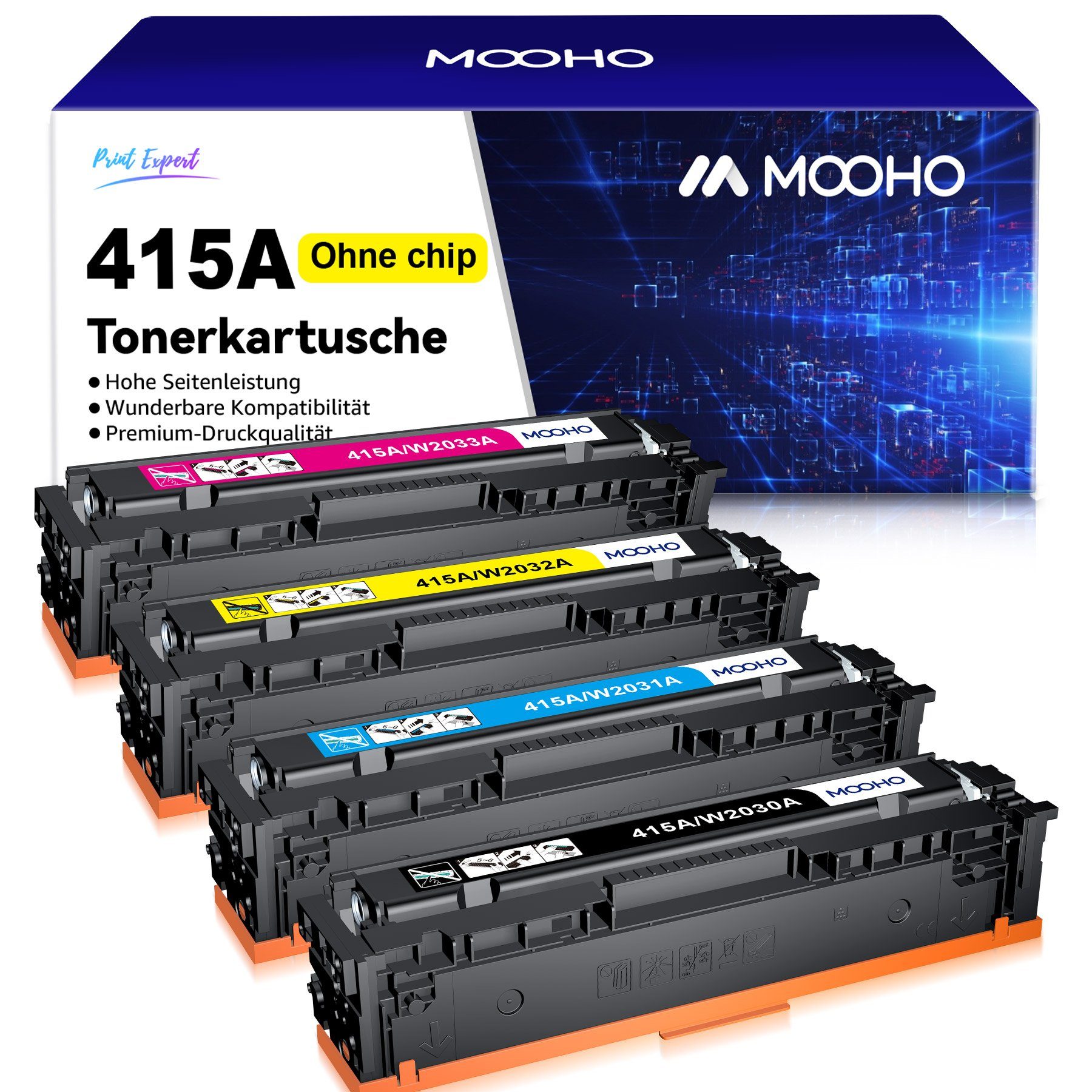 MOOHO Tonerkartusche für HP 415A 415X Kein Chip 4-St M479fdw M454dw M479fnw, (4-St) Standard (Schwarz: 2,400; Farbe:2,100)