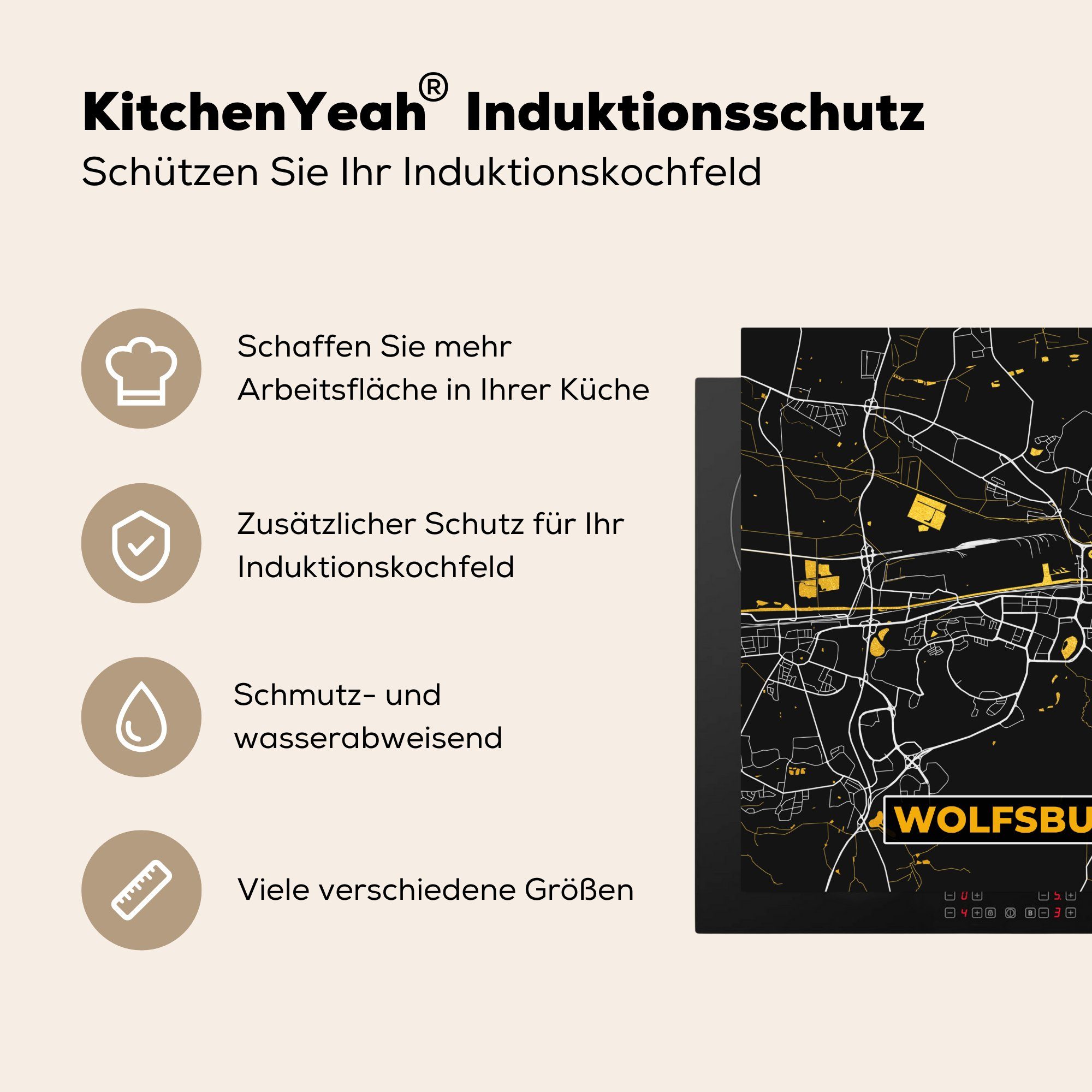 MuchoWow für Stadtplan 78x78 (1 Arbeitsplatte Karte, Gold küche Deutschland - tlg), Vinyl, cm, - - Herdblende-/Abdeckplatte Wolfsburg - Ceranfeldabdeckung,