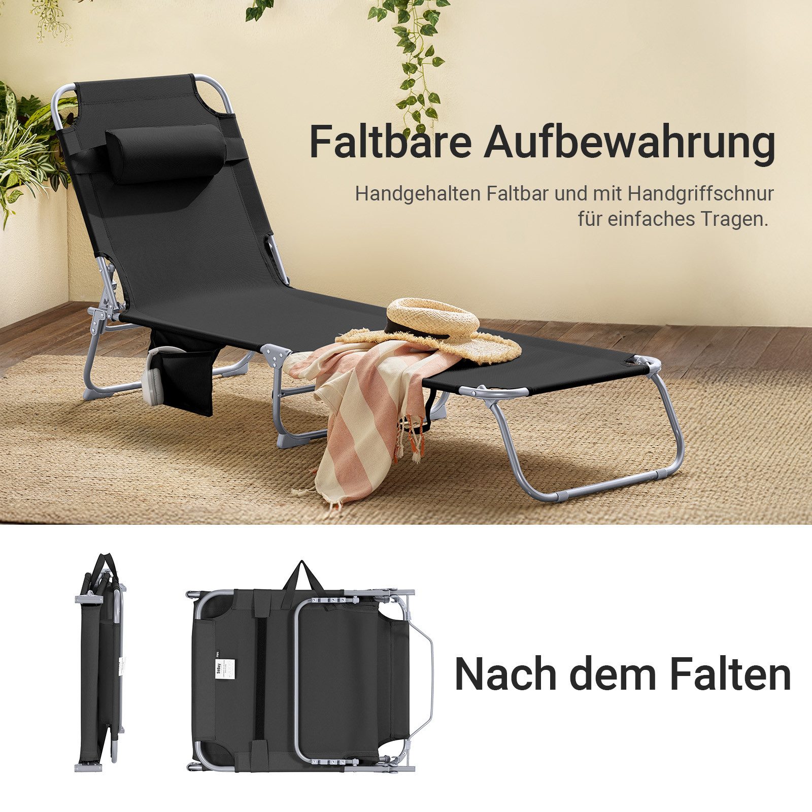 SoBuy Gartenliege Sonnenliege klappbar, Liegestuhl Relaxliege Gartenmöbel Terrasse, Große Sonnenliege, klappbarer Liegestuhl, mit Kopfstütze, verstellbar