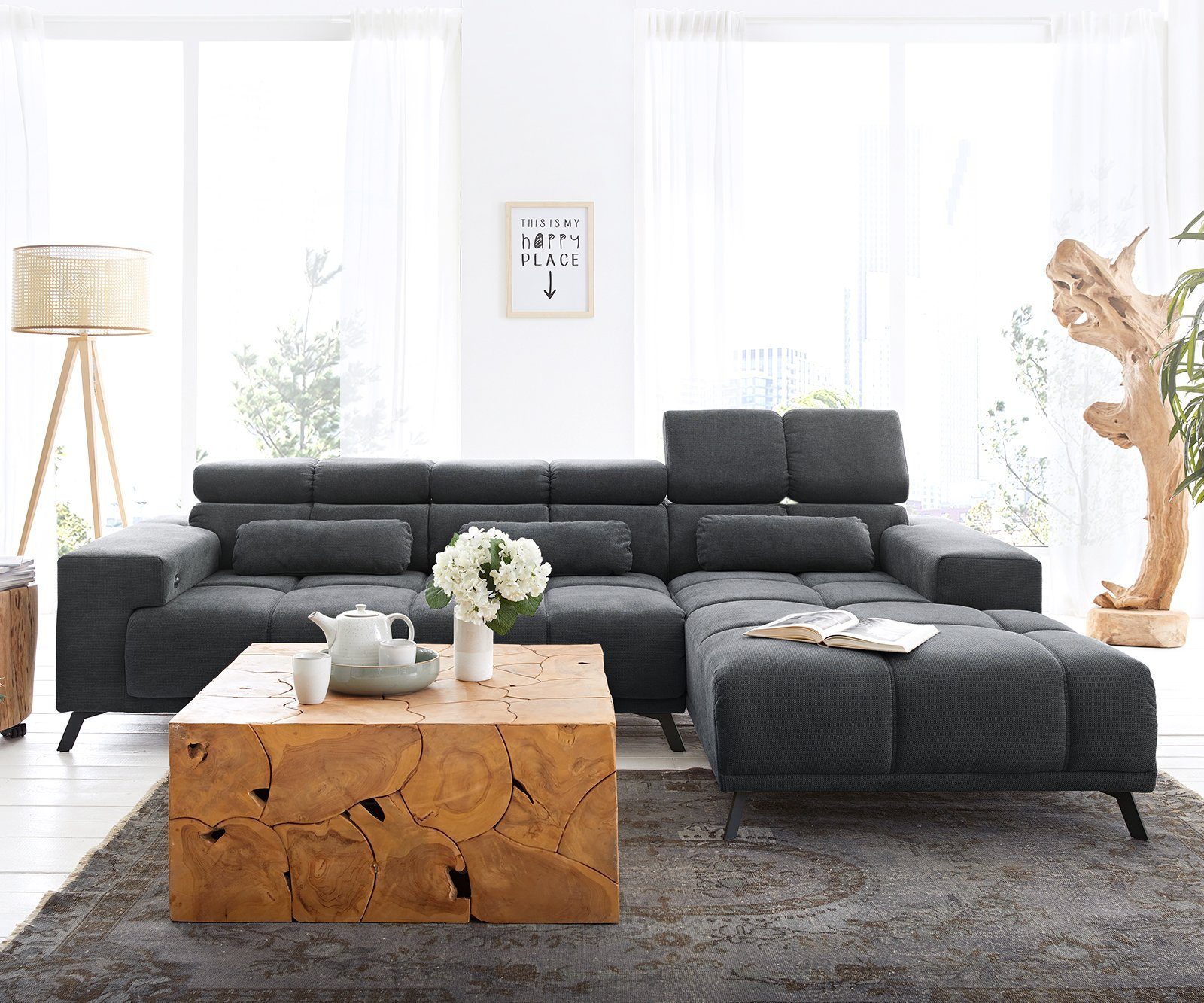 Ecksofa mane DELIFE Mikrofaser rechts 285x200 Relaxfunktion Schwarz Ordino, Ecksofa