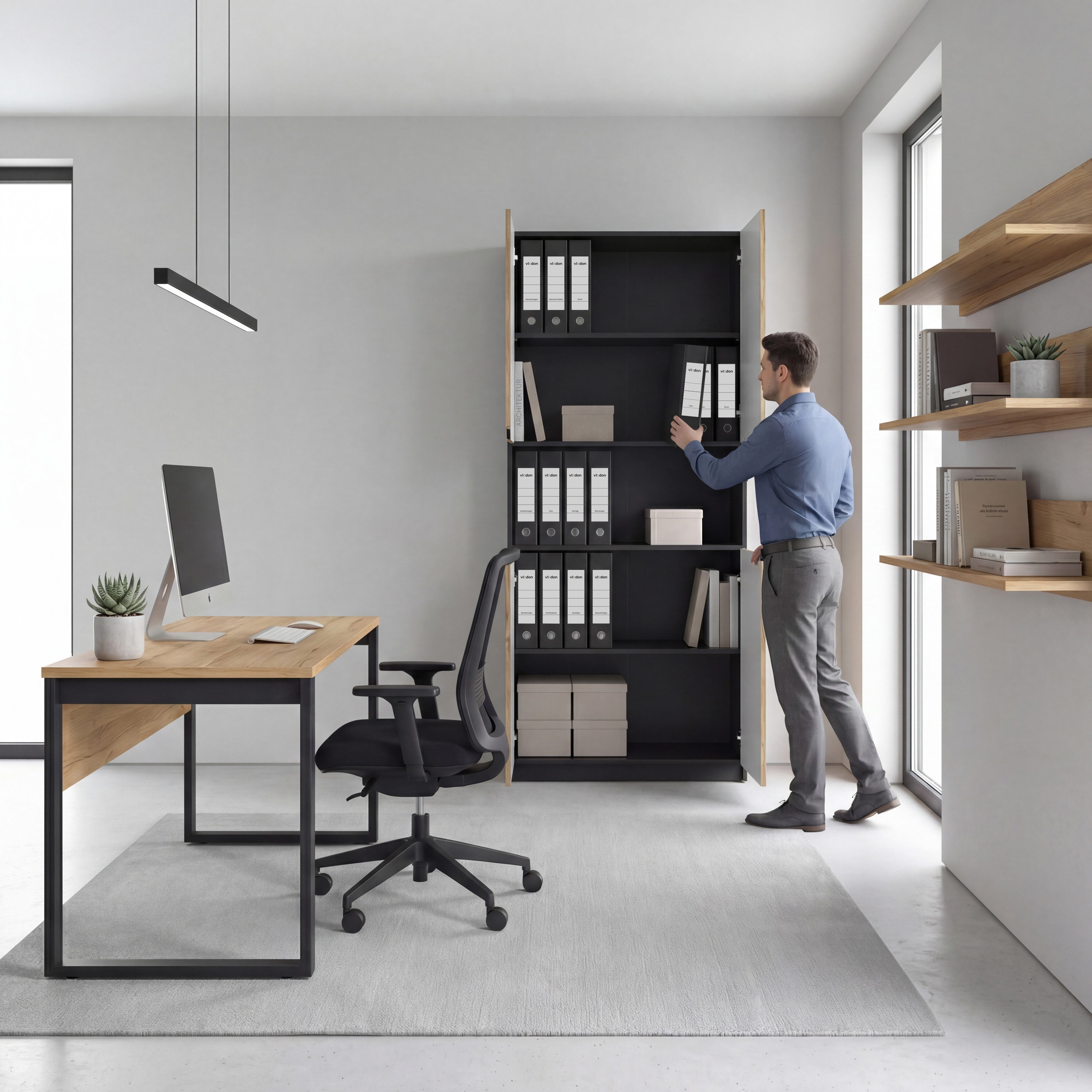 Vladon Aktenschrank Logan V2 (Aktenschrank, mit Soft-Close Funktion) Schwarz matt/Schwarz Hochglanz (82 x 184 x 37 cm)