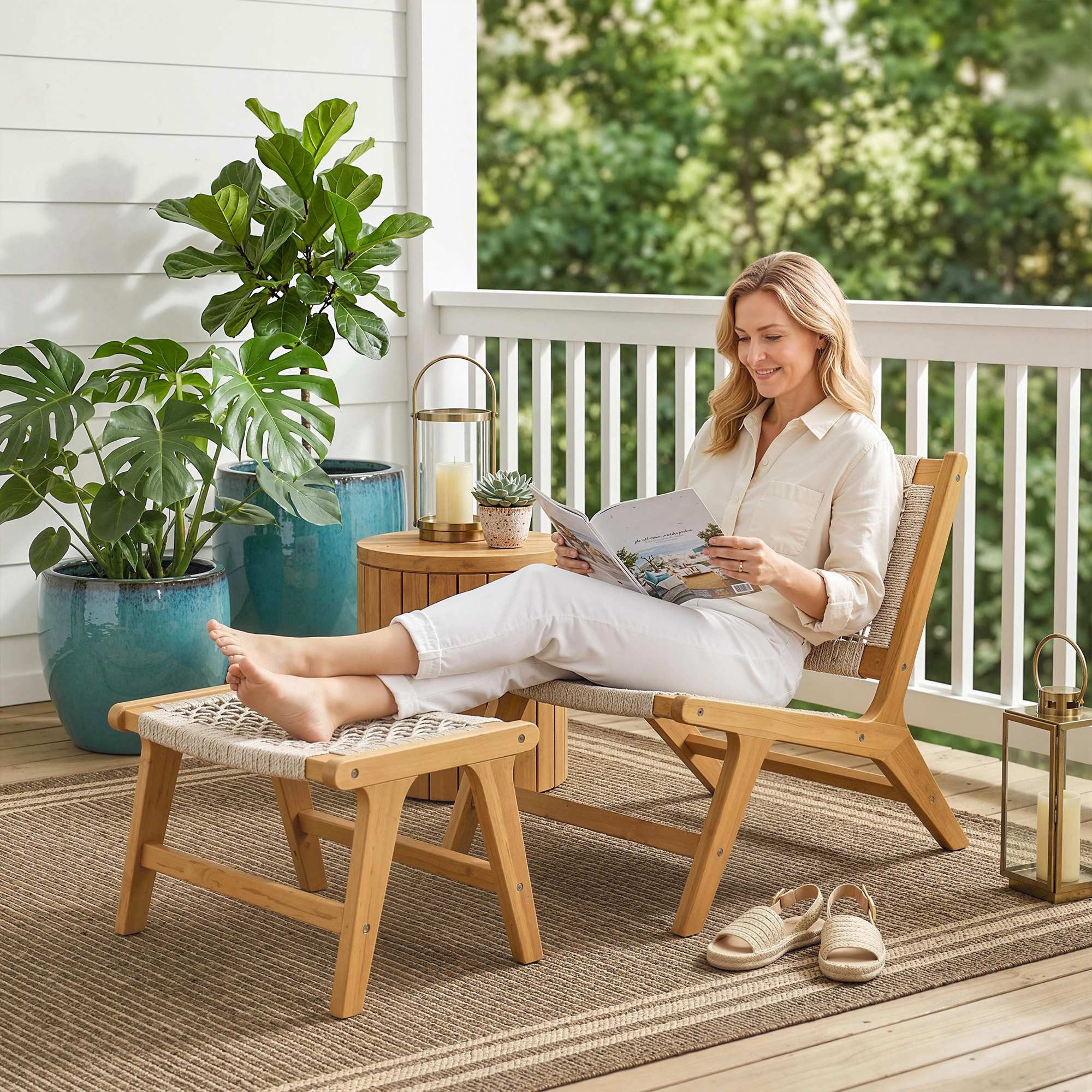 Outsunny Sitzgruppe Gartensessel mit Hocker Akazienholz Rattan-Sitz bis 160 kg, (Lounge Set, 2-tlg., Outdoor Loungesessel), für Garten Balkon Beige