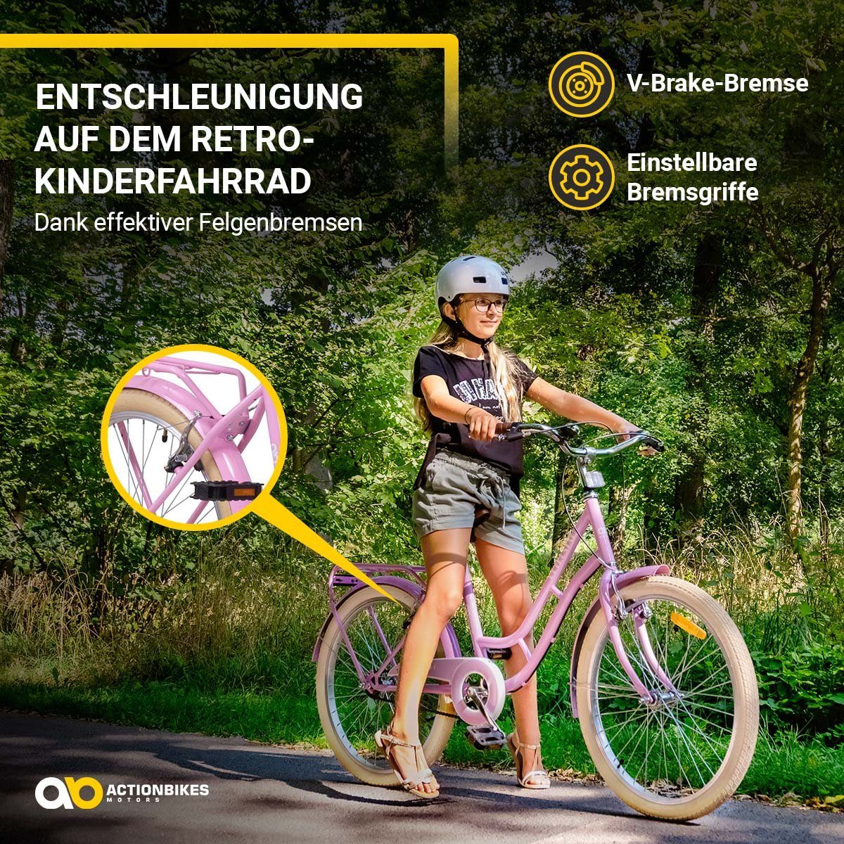 Actionbikes Motors Kinderfahrrad Mädchen Retrostar Kinder Fahrrad in Rosa, 1 Gang, ohne Schaltung, (Kinderfahrrad, Fahrrad ab 6 Jahren, Fahrrad Kinder 20 Zoll, 1-tlg., Fahrrad für Kinder, Fahrrad Mädchen, Fahrrad mit Gepäckträger), Gepäckträger, Fahrradständer, gefederter Sattel
