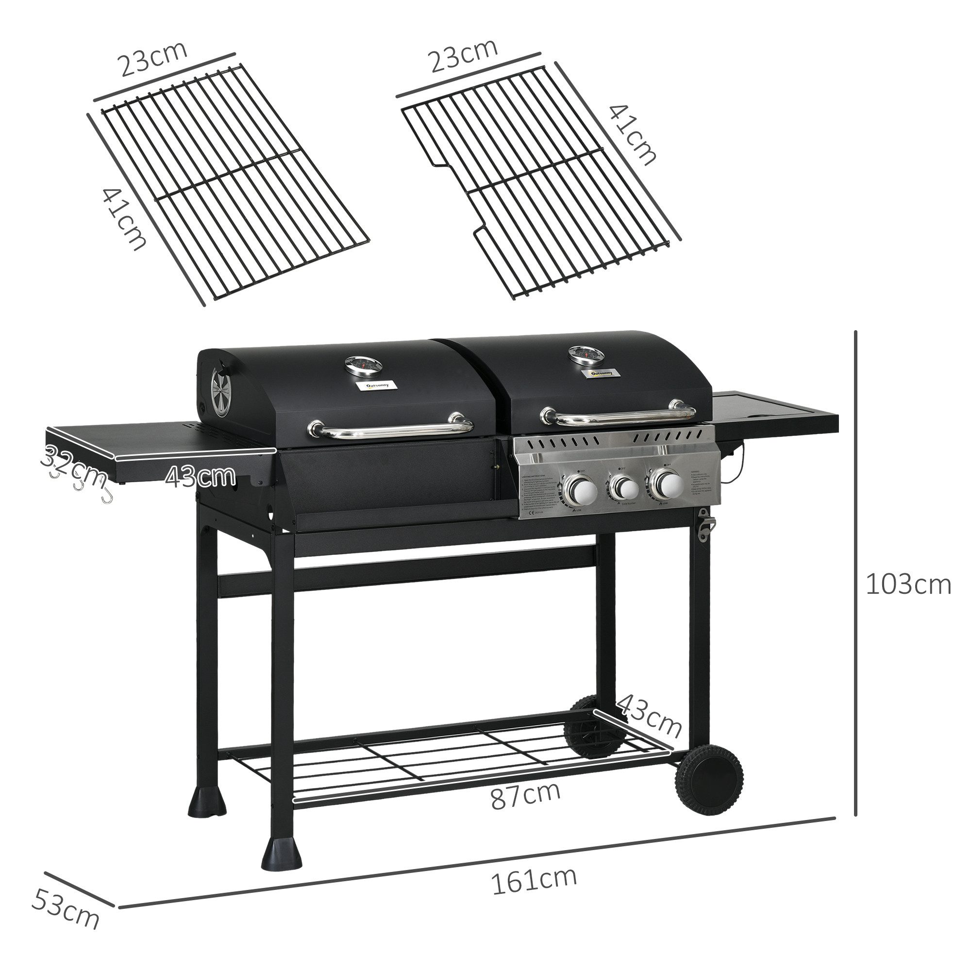 Outsunny Gasgrill Grillwagen mit 2+1 Brenner, Thermometer, 3kW BBQ Grill, Holzkohlgrill, Campinggrill, für Garten, Balkon, Schwarz