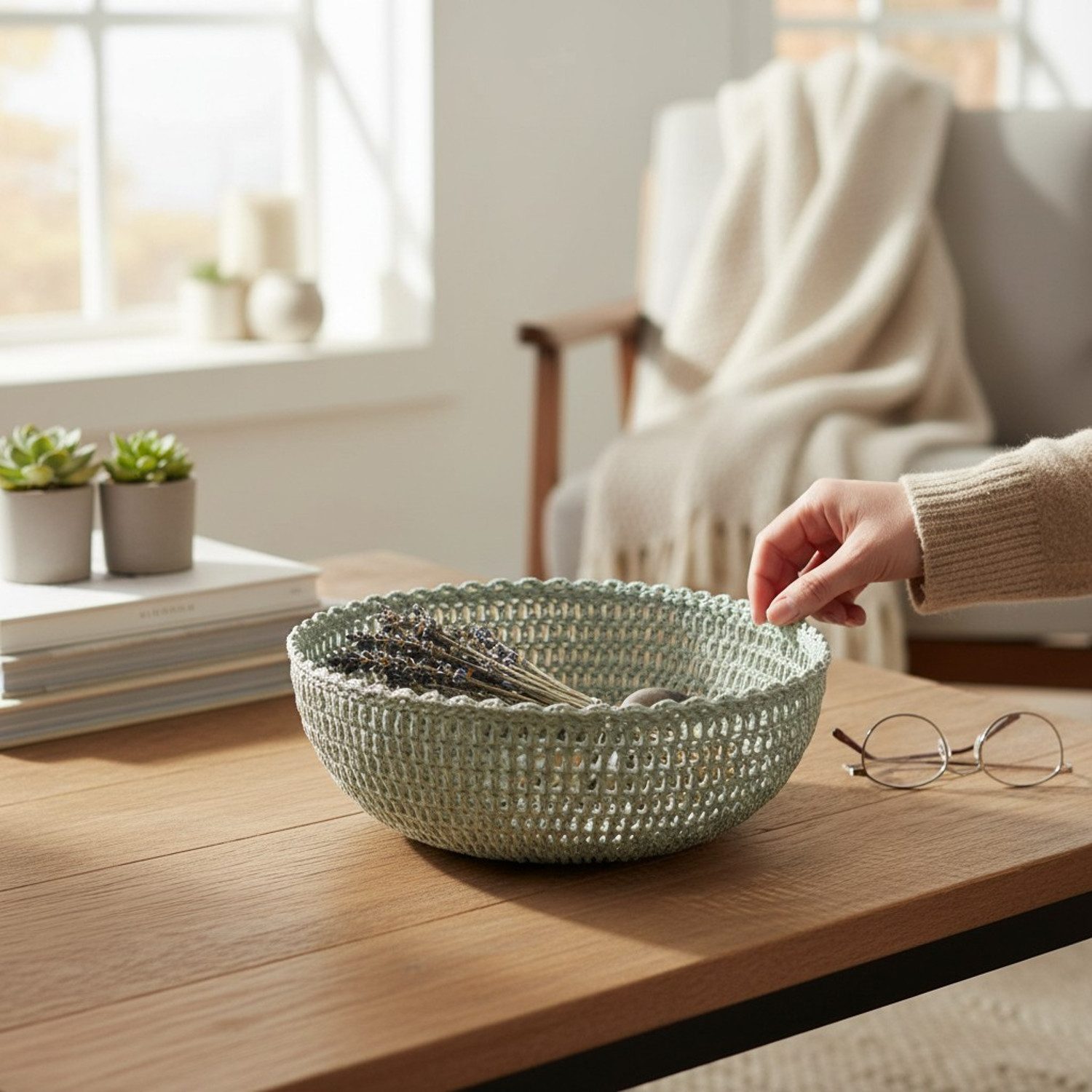 Macosa Home Dekoschale Makramee Baumwolle Grün 25 oder 22 cm rund Boho (Dekoration Makrameeschale, Zierkorb Aufbewahrungsschale), Deko Schale Tischdekoration Ablageschale