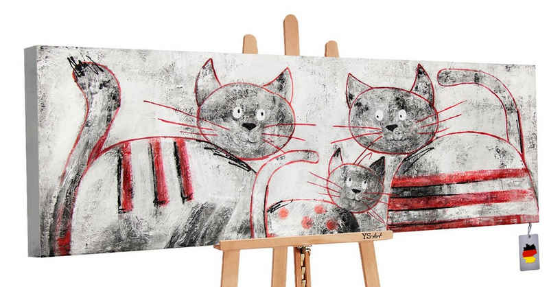 YS-Art Gemälde Lustige Katzen, Tierbilder, Leinwand Bild Handgemalt Katzen Familie Rot Grau