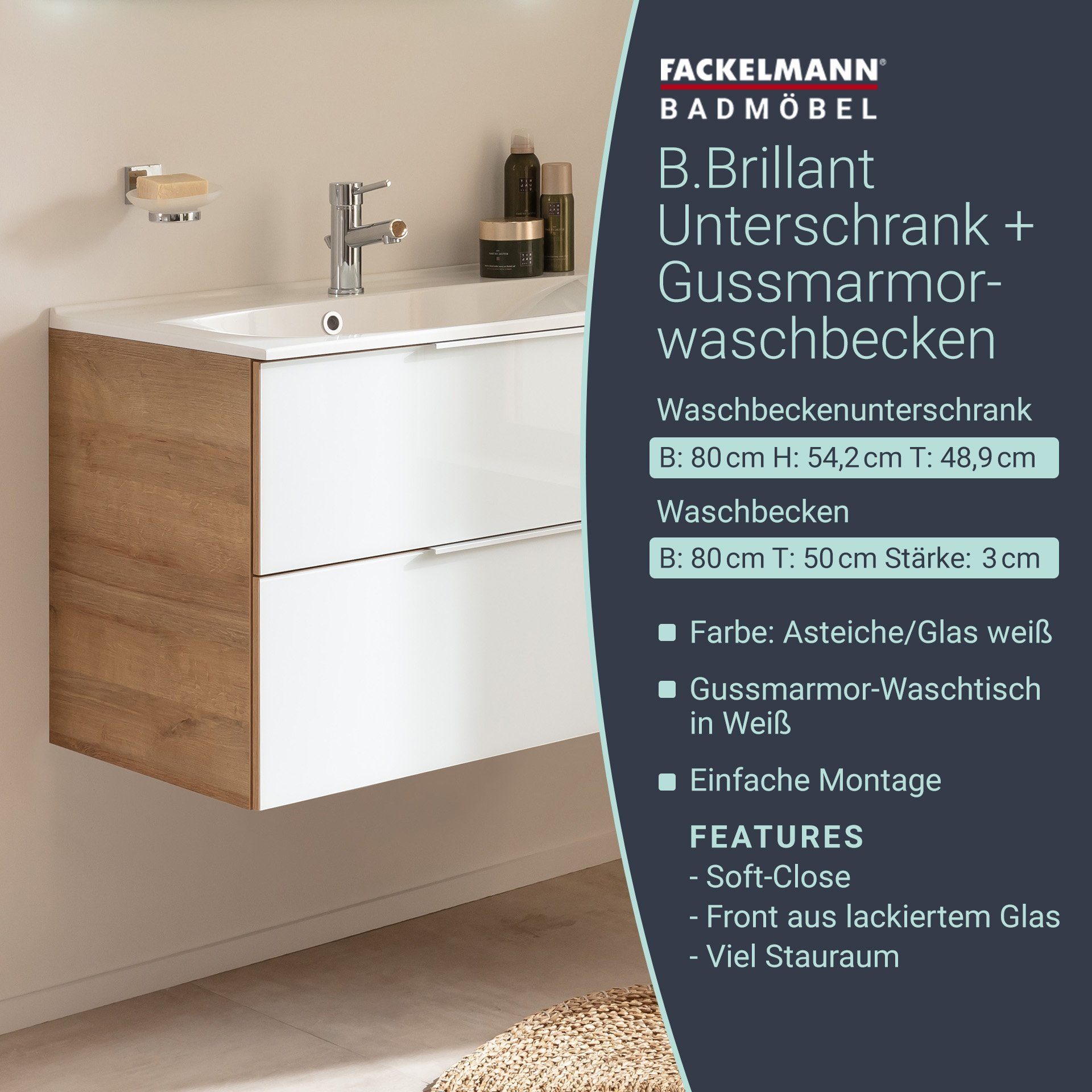 FACKELMANN Waschbeckenunterschrank B.Brillant Waschbeckenunterschrank + weißem Waschbecken aus Gussarmor
