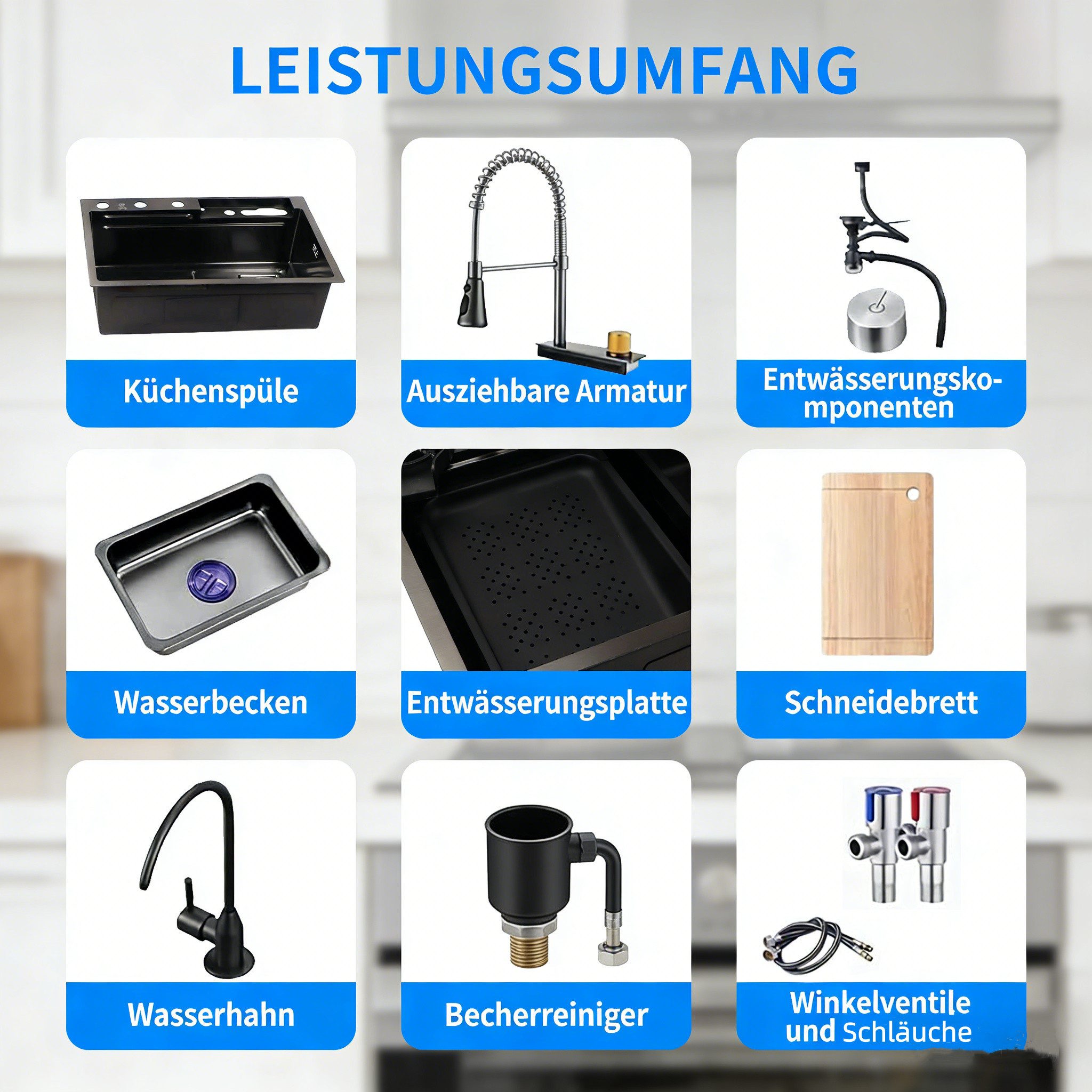 GARRYFIZH Edelstahlspüle Edelstahl Küchenspüle 68x45 cm mit Wasserfallarmatur & LED, Komplettes Set, Workstation mit Gläserspüler, Schneidebrett und Abtropfkorb