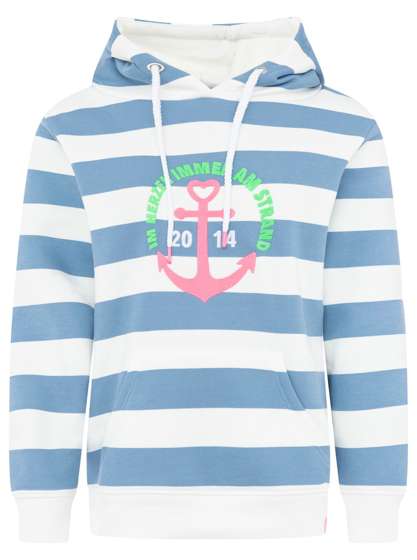 Zwillingsherz Hoodie "Immer am Strand" breite Streifen, gestickter Anker,Schriftzug, Kapuze, Kängurutasche – Bild 2 von 5