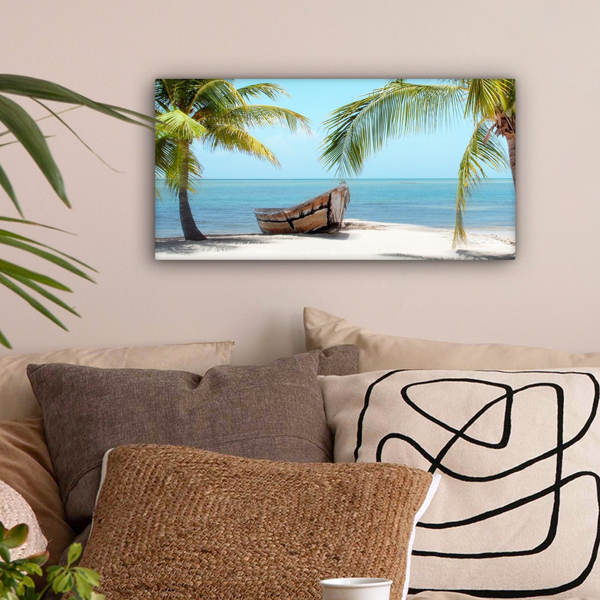 OneMillionCanvasses® Leinwandbild Panorama Palme - Boot - Strand, Fotodruck günstig online kaufen