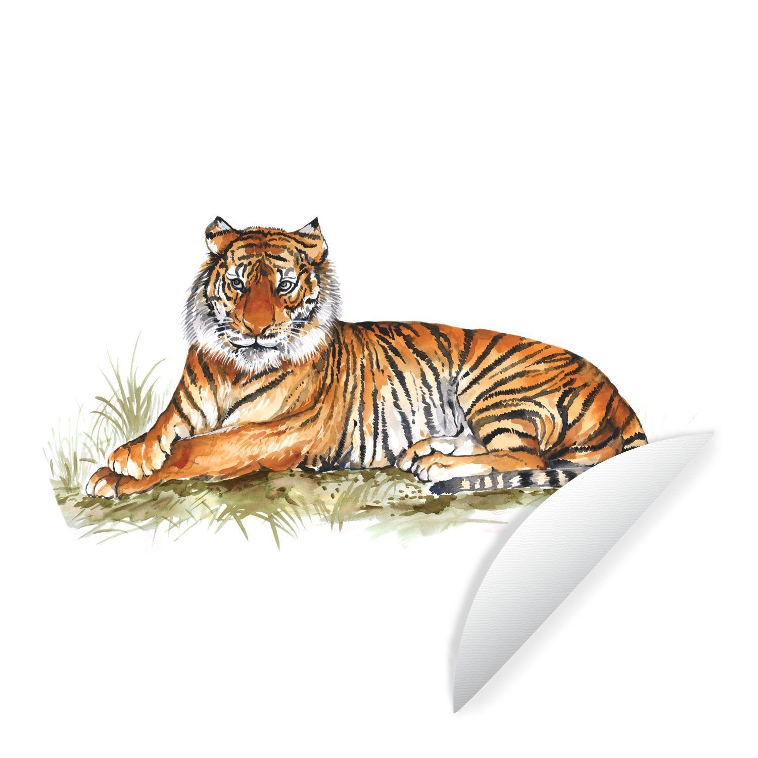 MuchoWow Wandsticker Tiger - Orange - Gras (1 St), Tapetenkreis für Kinderzimmer, Tapetenaufkleber, Rund, Wohnzimmer