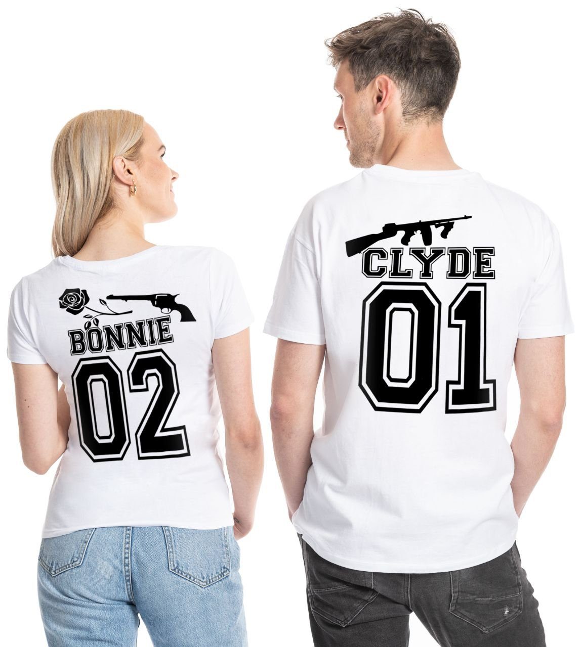 Couples Shop T-Shirt Gangster Paar Fun T-Shirt mit modischem Print CLYDE / Weiß