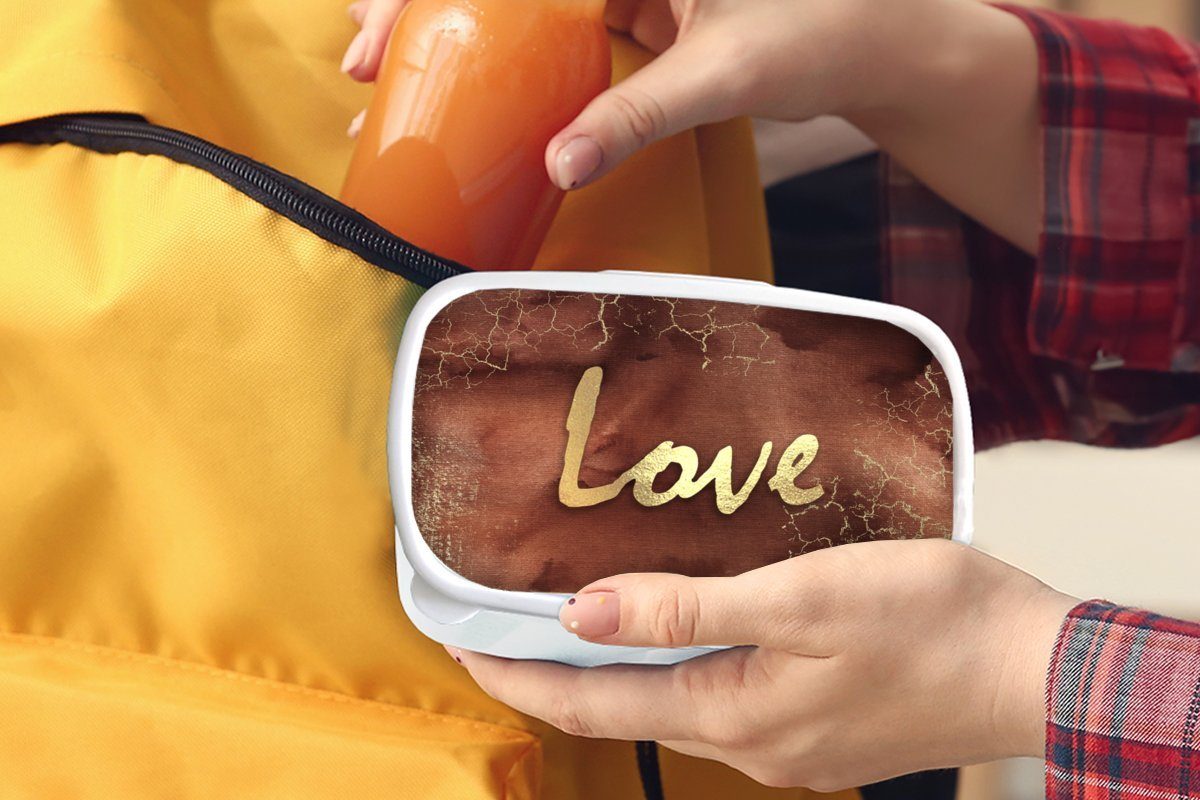 MuchoWow Lunchbox Zitat - (2-tlg), für Brotbox - Gold, Jungs Brotdose, Kinder für Braun Erwachsene, weiß und Kunststoff, und Mädchen - Liebe