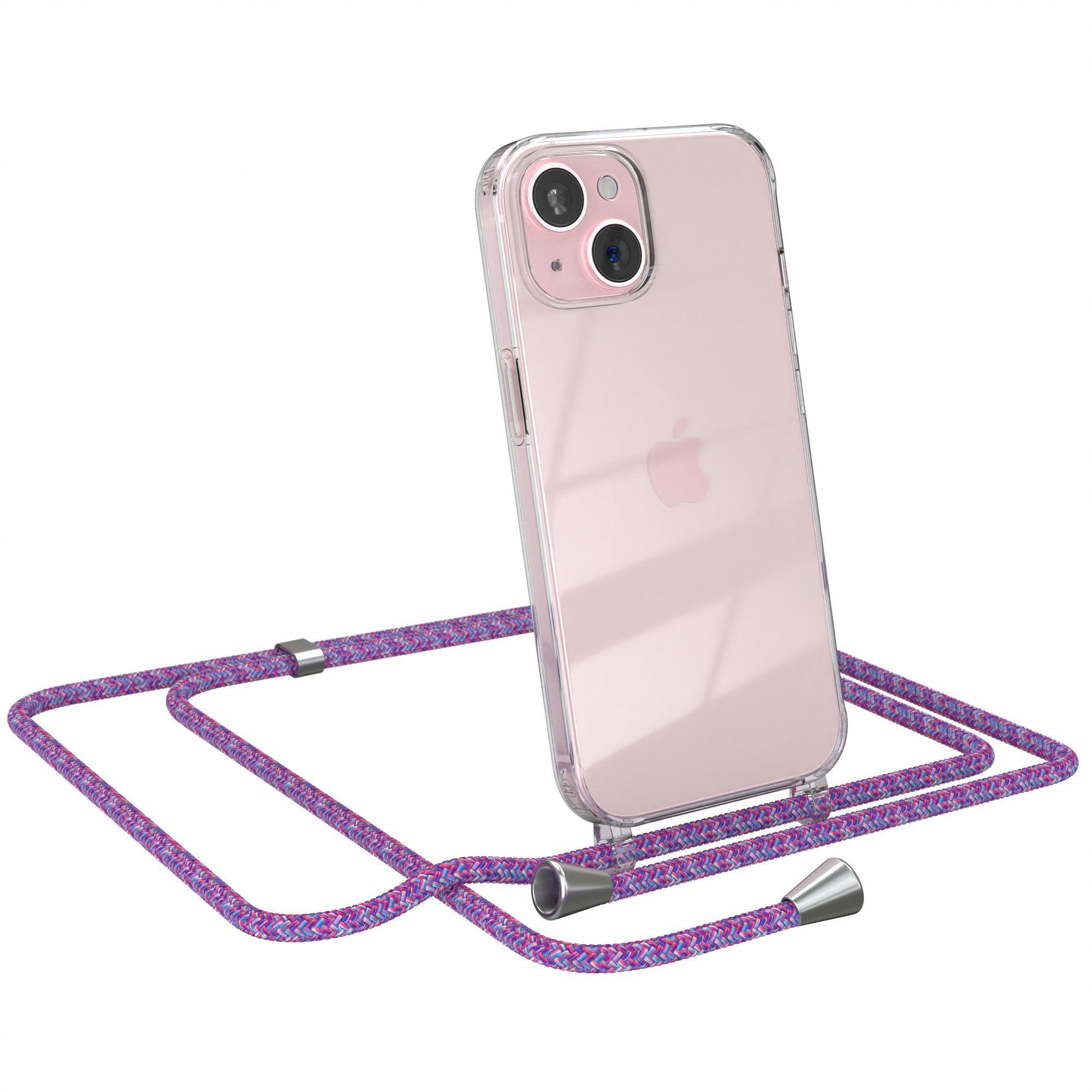 EAZY CASE Handykette Handykette ohne/mit Magsafe für Apple iPhone 15 6,1 Zoll, Umhängetasche für Handy Silikonhülle Handyhülle durchsichtig Violett