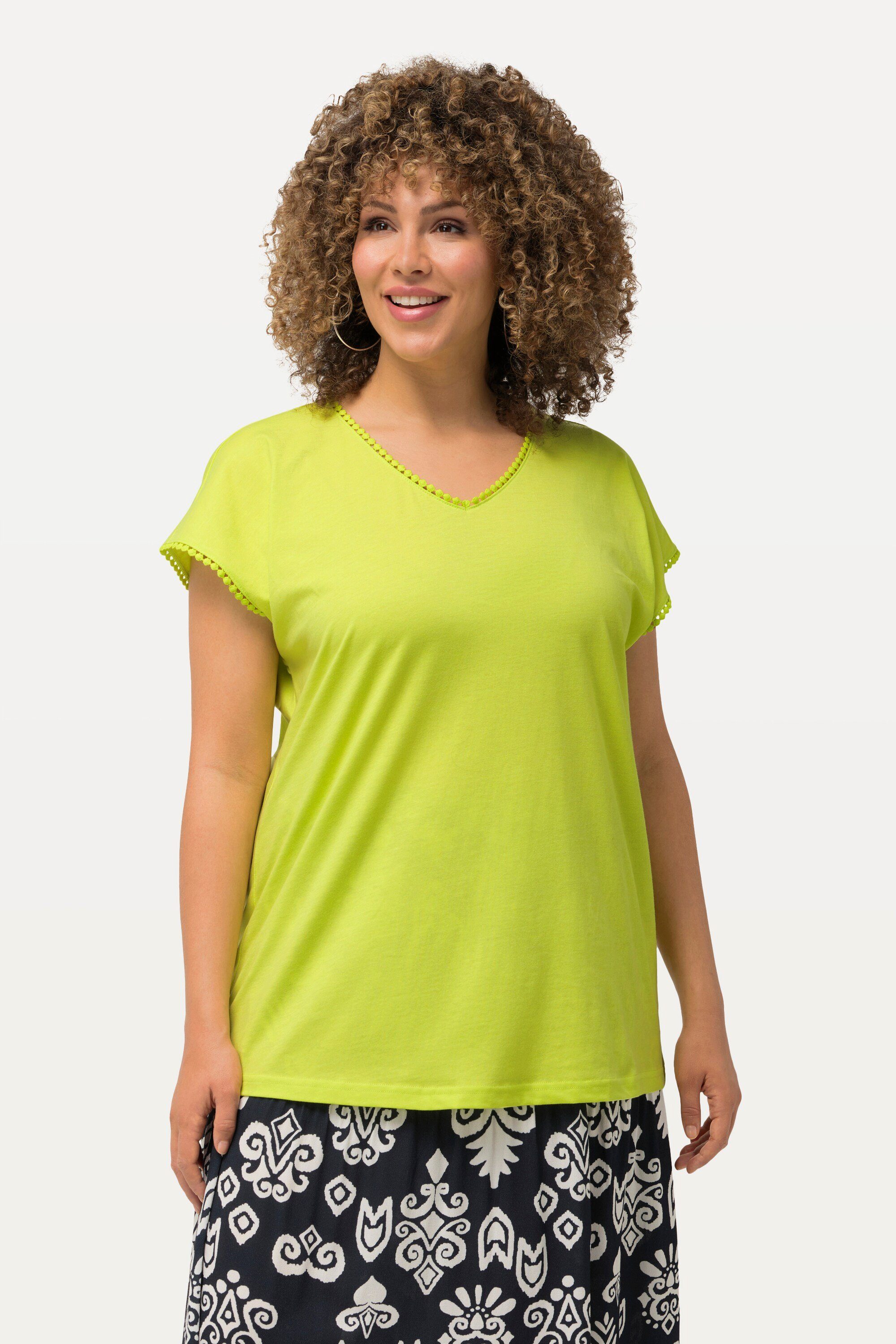 Ulla Popken Rundhalsshirt T-Shirt Zierborten Oversized V-Ausschnitt Halbarm