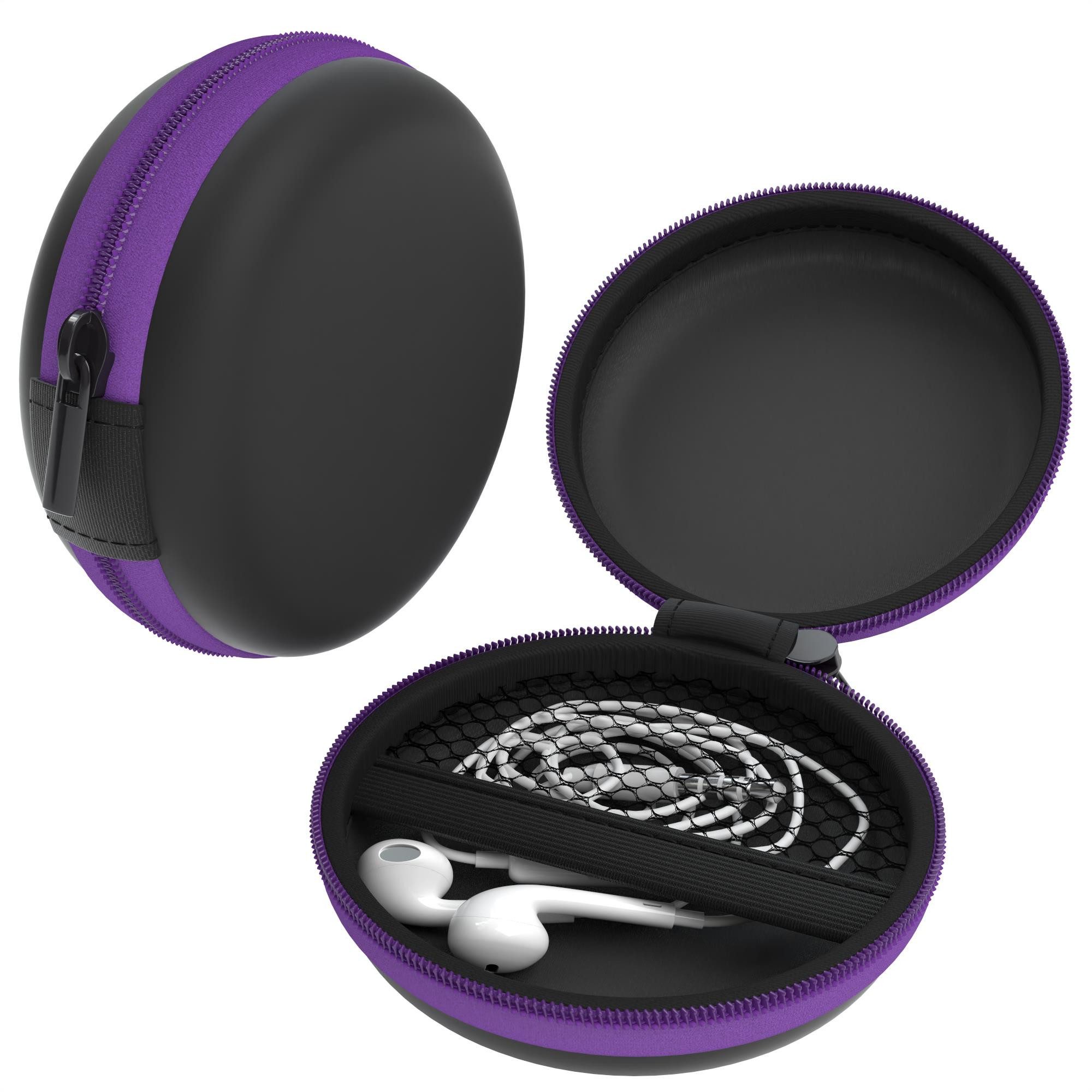 EAZY CASE Kopfhörer-Schutzhülle Universal Tasche für In-Ear Kopfhörer mit Netzfach, Box Kratzschutz Kopfhörer Reißverschluss und Netzfach klein rund Lila