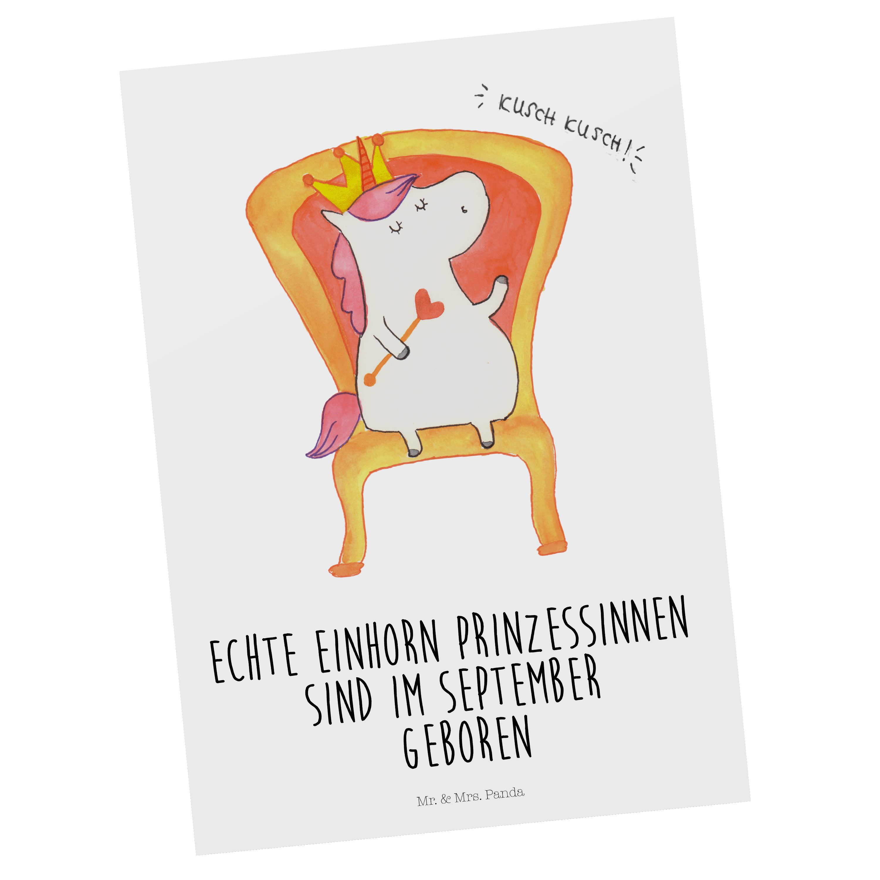 Mr. & Mrs. Panda Postkarte September - Weiß - Geschenk, Grußkarte, Monat, Karte, Einladungskarte