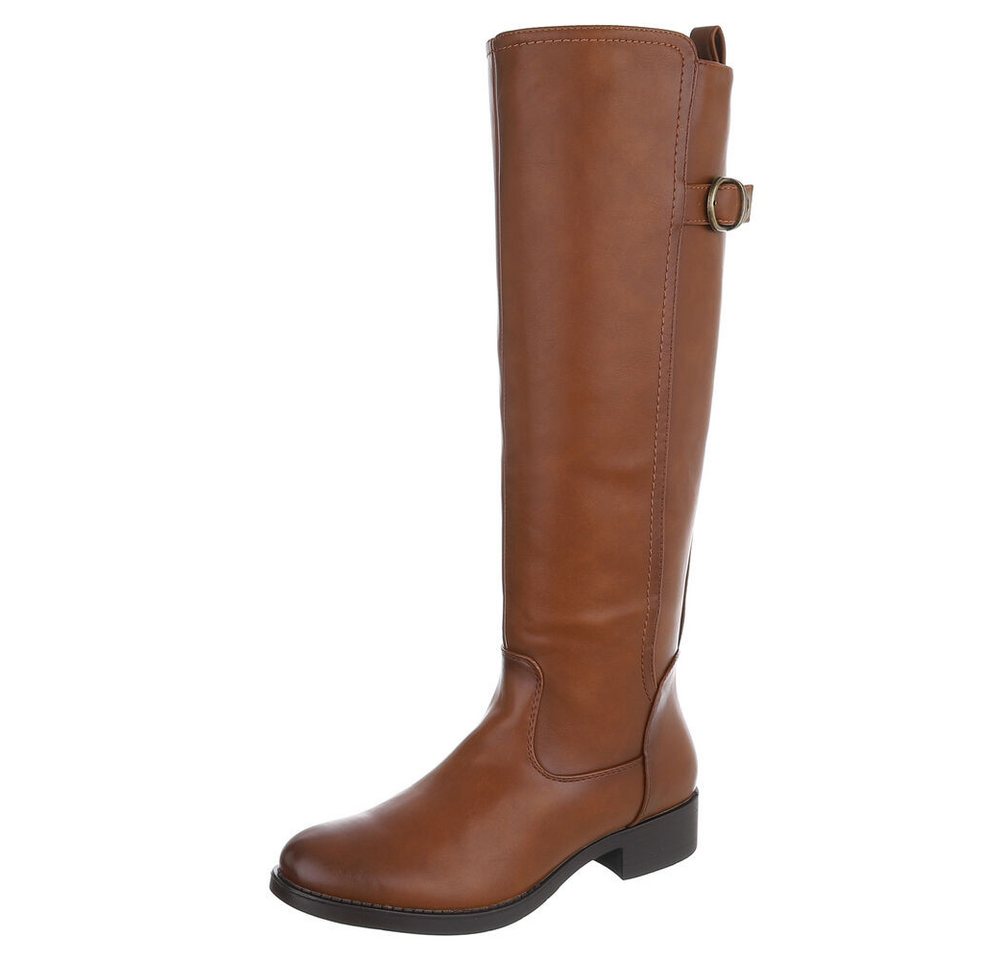 Ital-Design Damen Langschaftstiefel mit Blockabsatz und Zierbuckle Stiefel (92392403) Blockabsatz Flache Stiefel in Camel