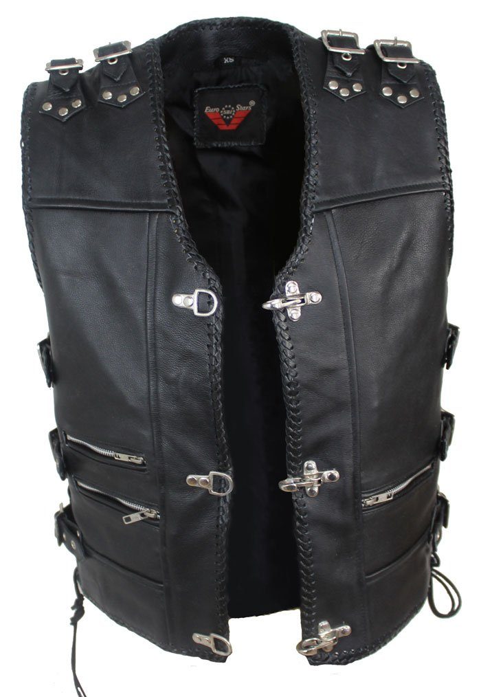 Alpha Speeds Motorradweste Herren Motorrad Kutte Biker Weste Lederweste Schwarz mit Leder genschnürrt