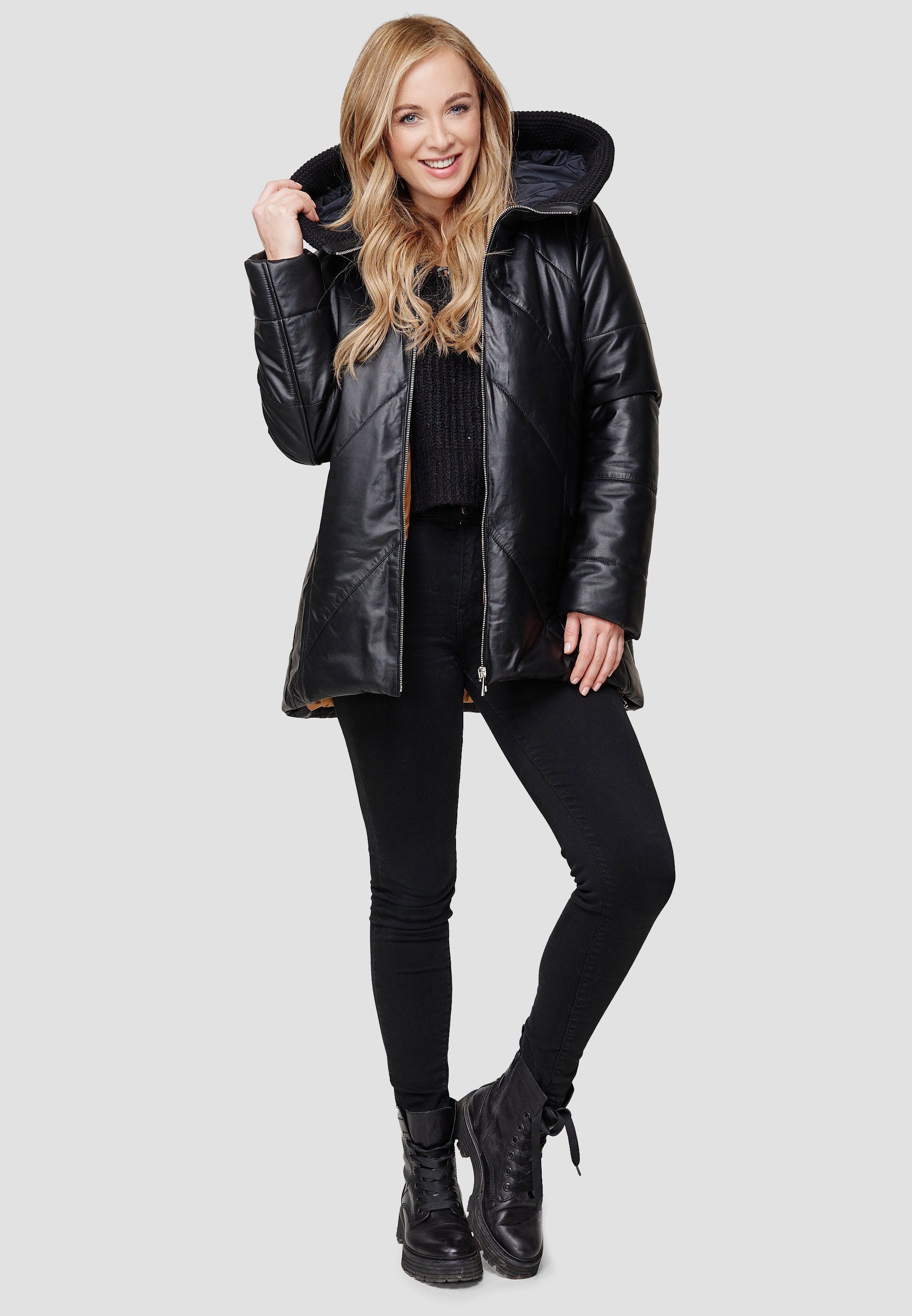 Mouflon Lederjacke Mandy Kapuze mit Strickrand