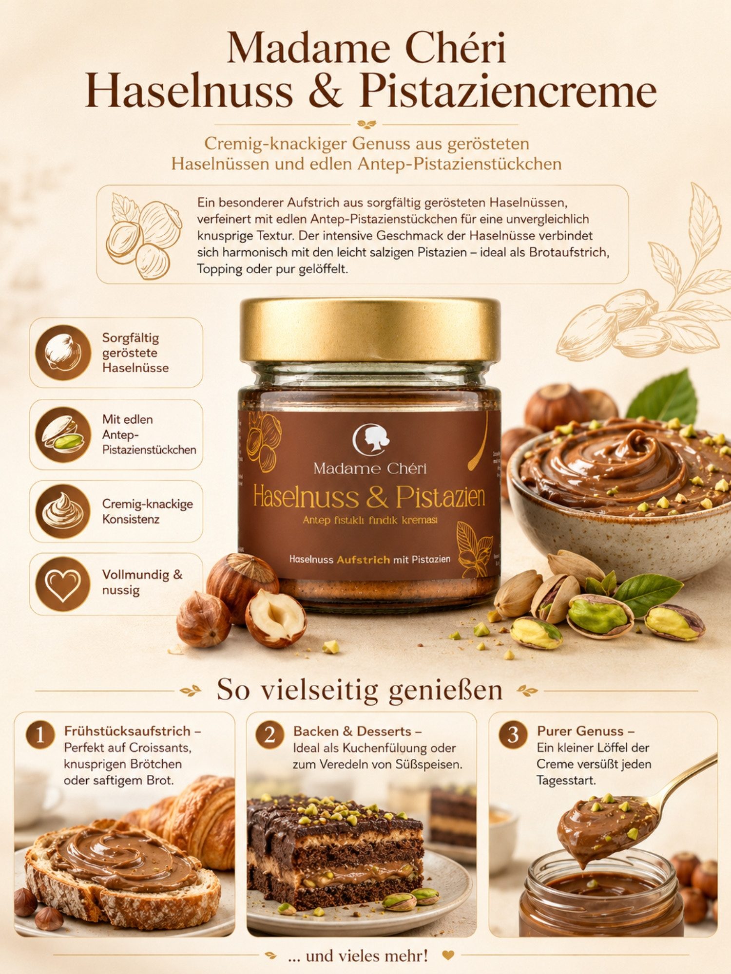 Madame Chéri Nussaufstrich Nusscreme Aufstrich Pistazie Mandel Haselnuss cremig vegan, Ohne Palmöl, ohne Zusatzstoffe, mit Antep-Pistazienstückchen