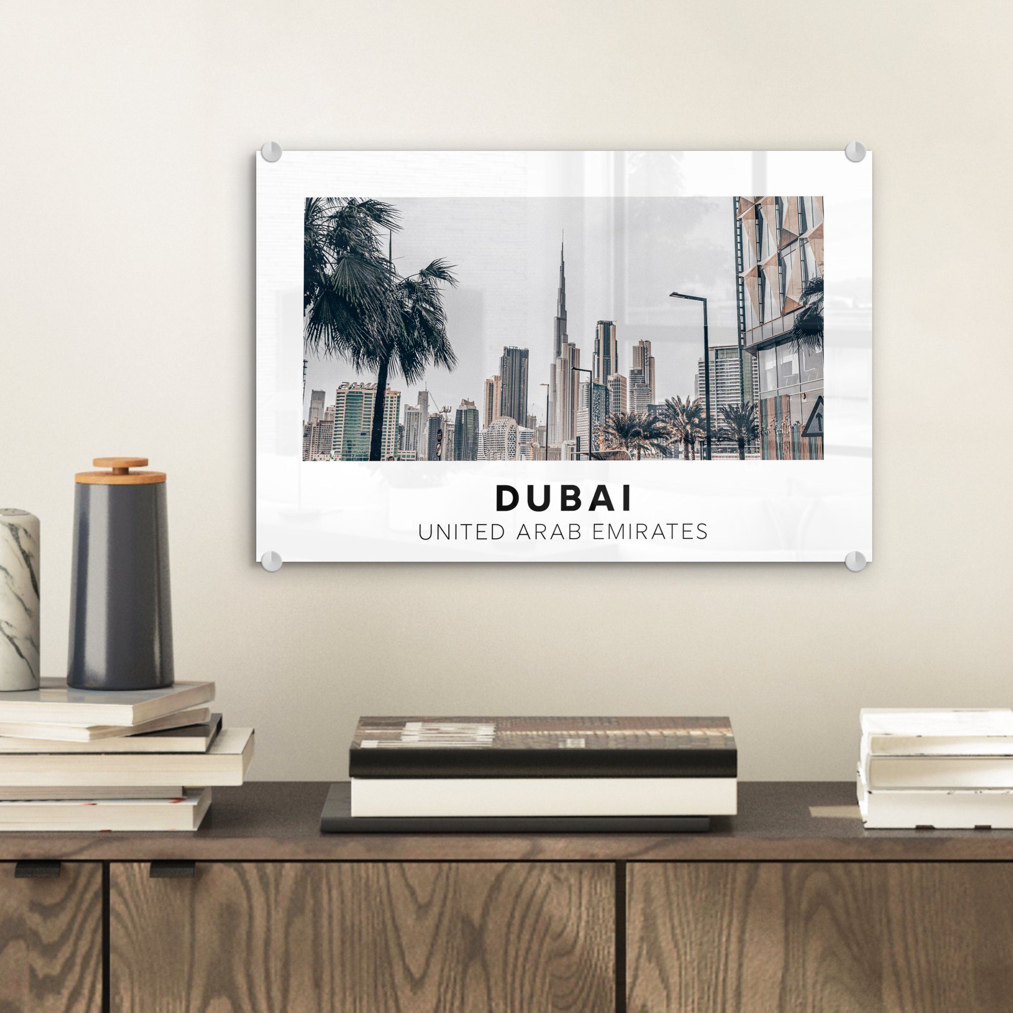 Foto Acrylglasbild - auf Wanddekoration - Dubai - St), Wandbild (1 auf Glas Palme, MuchoWow - Glasbilder Glas Bilder - Skyline