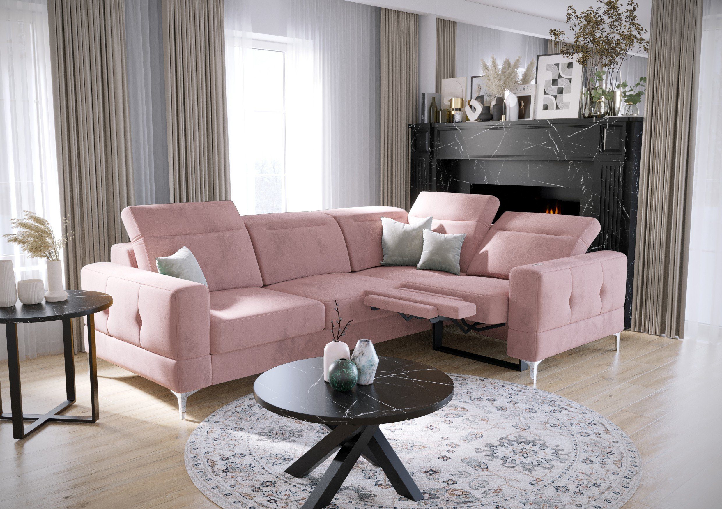 Möbel für Dich Ecksofa Malibu Relax, mit Relaxfunktion, mit Stoff-und Farbauswahl, mit Schlaffunktion Veloursstoff Element 18 hellrosa