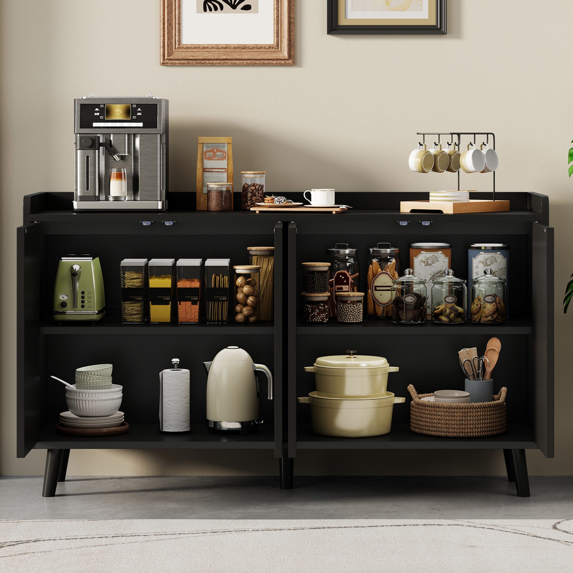 Flieks Sideboard Mehrzweckschrank mit 4 Türen und verstellbaren Einlegeböden (Aufbewahrungsschrank für Esszimmer, Wohnzimmer, Schlafzimmer, 1 St., B140xT40xH84 cm), multifunktionaler Küchenschrank mit Arbeitsplatte Schwarz, Holzbeine