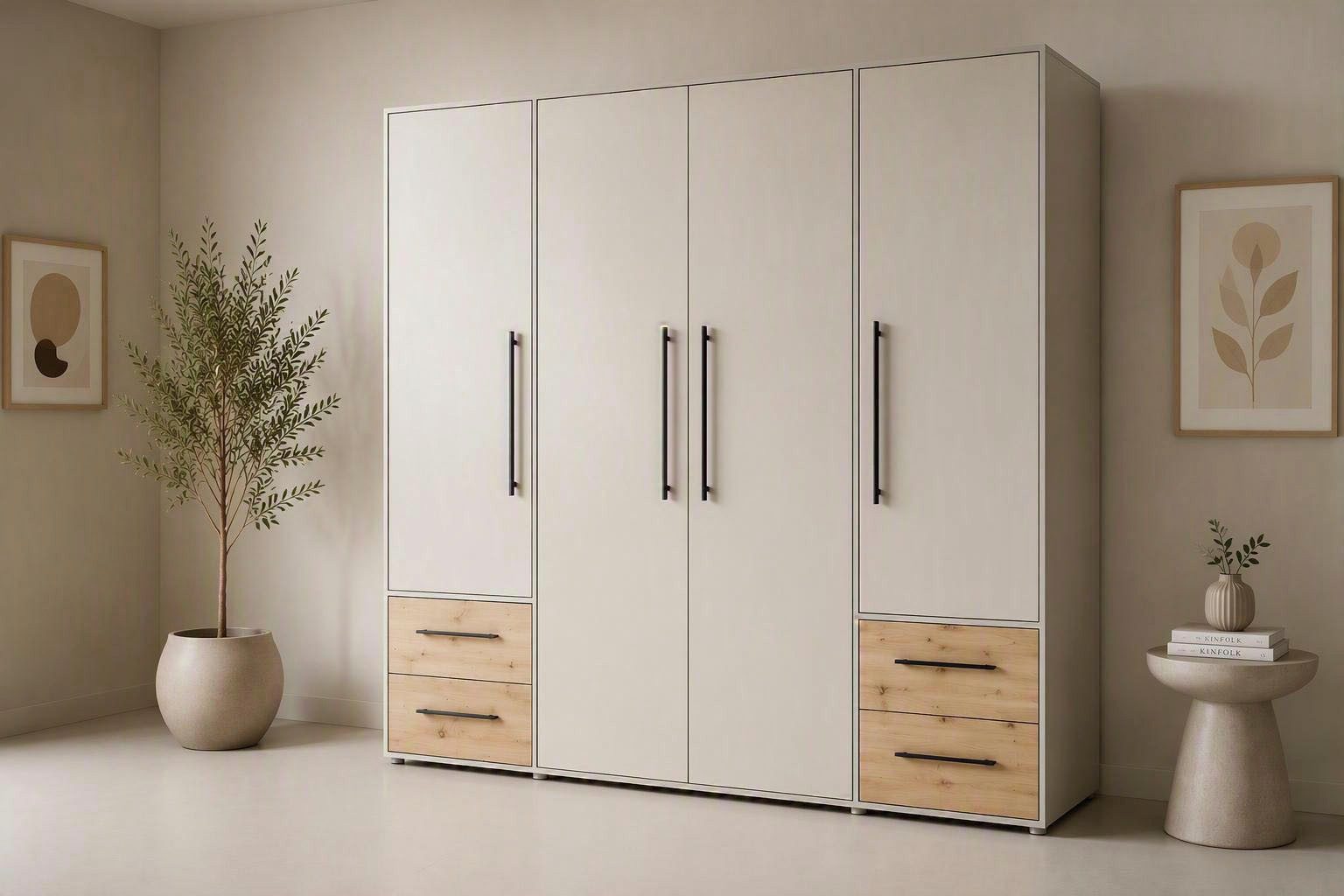 FORTE Kleiderschrank Mokkaris, Garderobe, zeitloses Design, 4 Türen, Made in Europe (B/H/T ca. 206x200x59cm) 4 Schubladen + schwarze Stangengriffe, Made in Europe, viel Stauraum