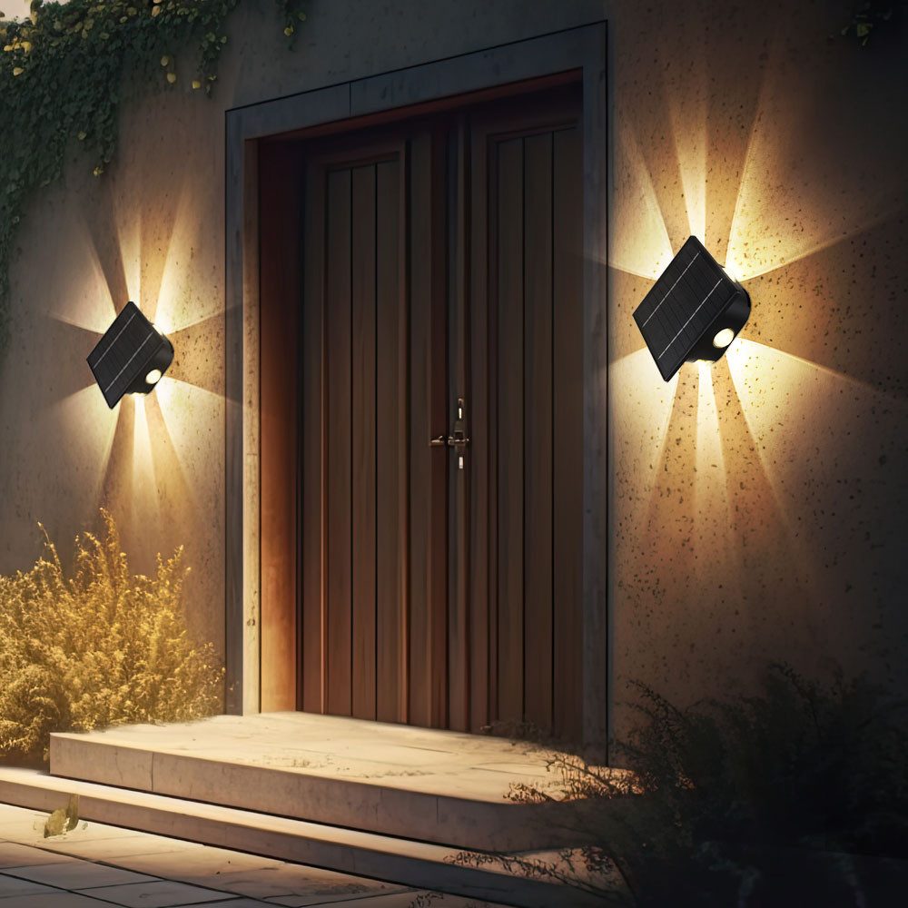 GLOBO LIGHTING LED Außen-Wandleuchte, LED-Leuchtmittel fest verbaut, Warmweiß, Tageslichtweiß, Solarlampe schwarz Außenleuchte Terrasse Wandlampe modern 2er Set