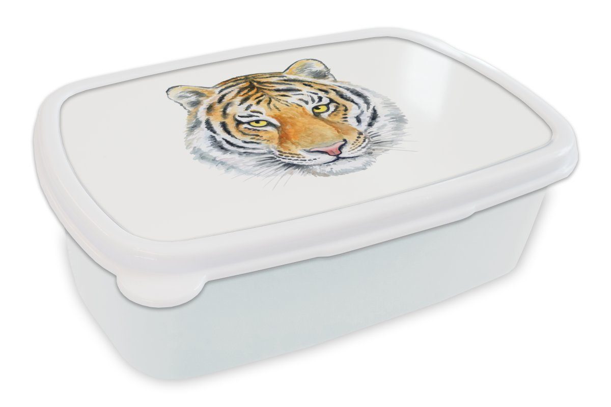 MuchoWow Lunchbox Tiger - Kopf - Gelb, Kunststoff, (2-tlg), Brotbox für Kinder und Erwachsene, Brotdose, für Jungs und Mädchen weiß