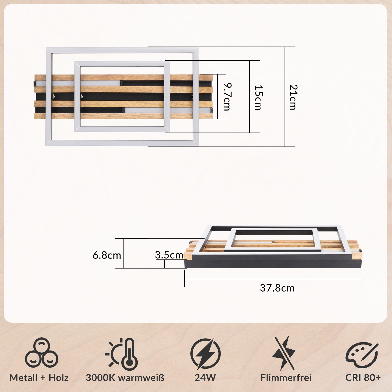 ZMH LED Deckenleuchte Dimmbar Holz Deckenlampe: 2/3-Ringen Wohnzimmerlampe, LED fest integriert, 3000-6500K, Schwarz Deckenbeleuchtung mit Fernbedienung Design