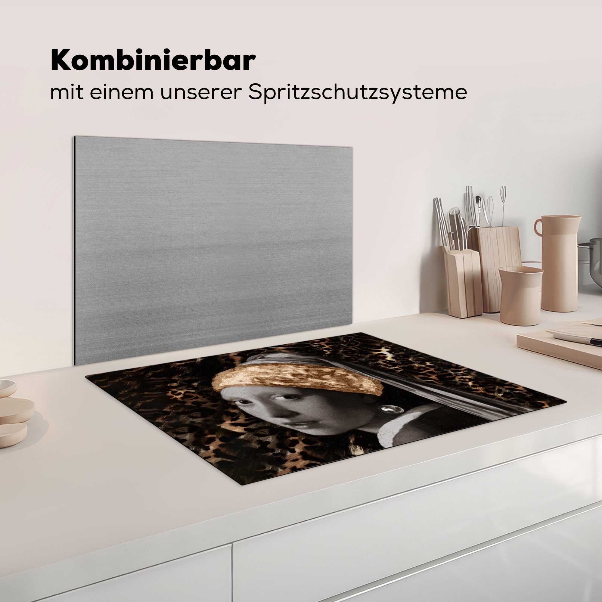 Vinyl, Perlenohrring Mädchen 71x52 die Ceranfeldabdeckung für Pantherdruck, Induktionskochfeld mit MuchoWow cm, tlg), Herdblende-/Abdeckplatte - Gemälde - (1 Schutz küche,