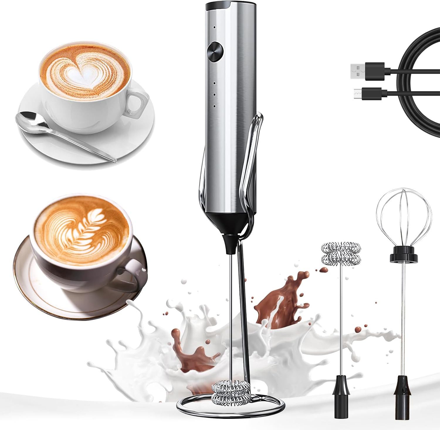 Xruiy Milchaufschäumer Elektrischer Milchaufschäumer, USB aufladbar, 3 Stufen, Edelstahl, für cremigen Milchschaum, geeignet für Cappuccino und Latte Macchiato