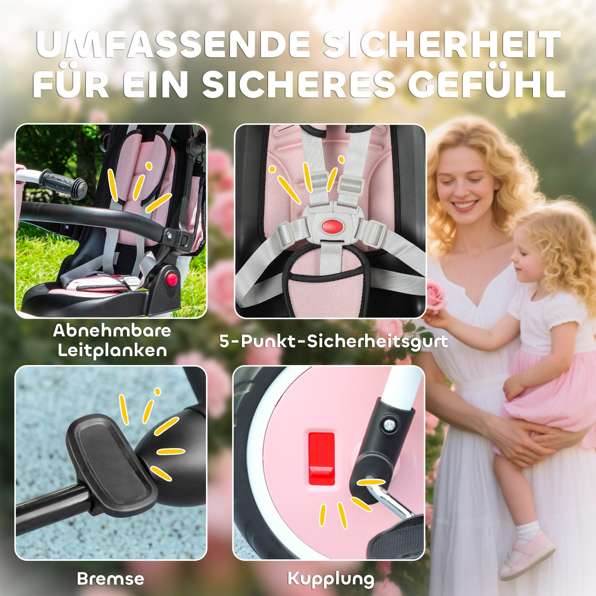 kowdom Dreirad 6-in-1 Kinderdreirad, 360° Sitz, Schiebegriff, faltbar, rosa, 6-in-1 Kinderdreirad, 360° Sitz, 1-5 Jahre, 25 kg Belastbarkeit