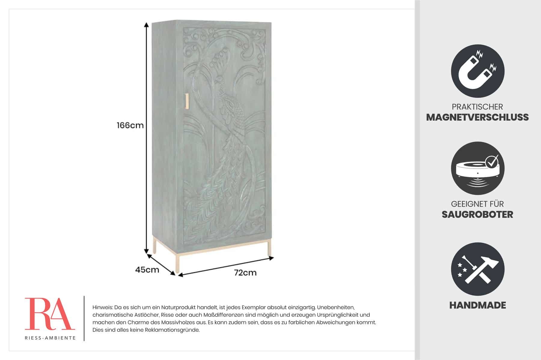 riess-ambiente Highboard PEACOCK 170cm grün / gold · Wohnzimmer-Schrank aus Mango-Massivholz (Einzelartikel, 1 St), 3D Schnitzerei · Pfau-Design · handmade · 1  – Bild 5 von 5
