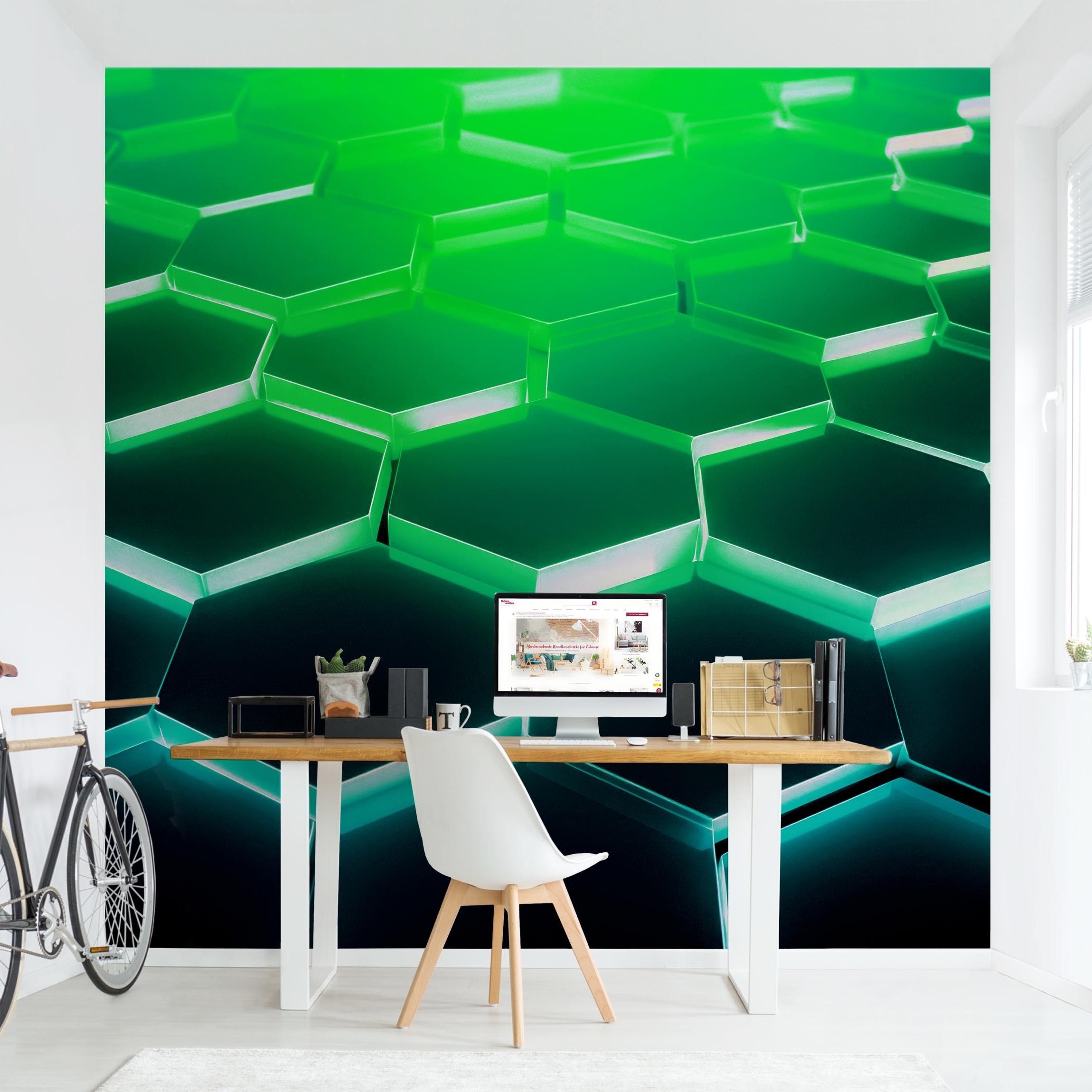 Bilderdepot24 3D-Tapete Hexagone Neonlicht Grün Türkis 3D-Effekt, Glatt, Matt, (Vliestapete inkl. Kleister oder selbstklebend), Jugendzimmer Gaming Zimmer Tapete Wohnzimmer Vliestapete Wandtapete