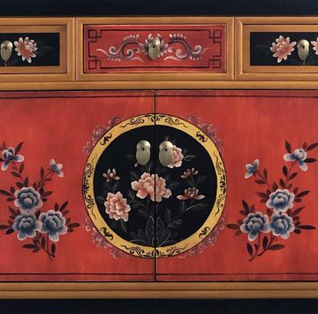 OPIUM OUTLET Kommode Schrank shabby-chic Sideboard Vintage Holz rot-schwarz (Landhaus-Stil, Antik-Stil, asiatisch chinesisch orientalisch fernöstlich), Kommode Hochzeitsschrank, komplett montiert