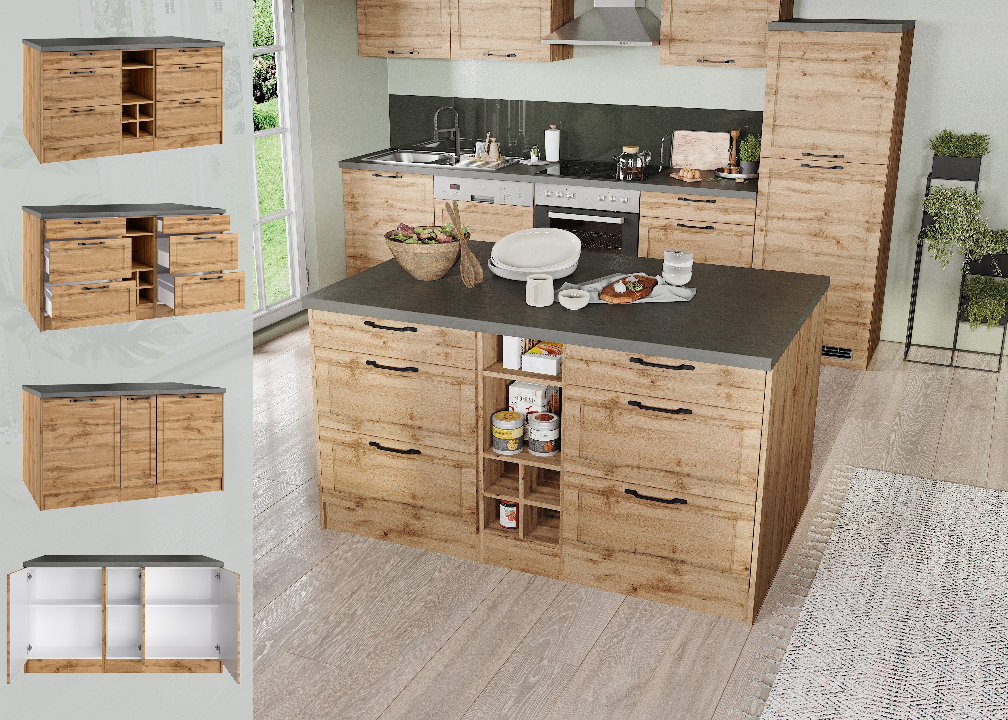 KOCHSTATION Кухниinsel KS-Lani, Breite 153 cm, mit Flaschenregal, MDF-Fronten, Arbeitsplatte 38mm stark