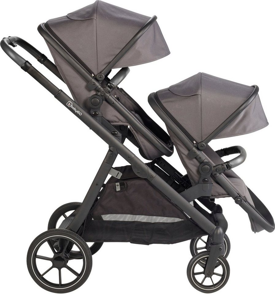 BabyGo Zwillings-Kombikinderwagen Duo Ultra Set, grau, inkl. 2 Babyschalen,  2 Isofix Base, Wickeltasche u. 2 Regenhauben