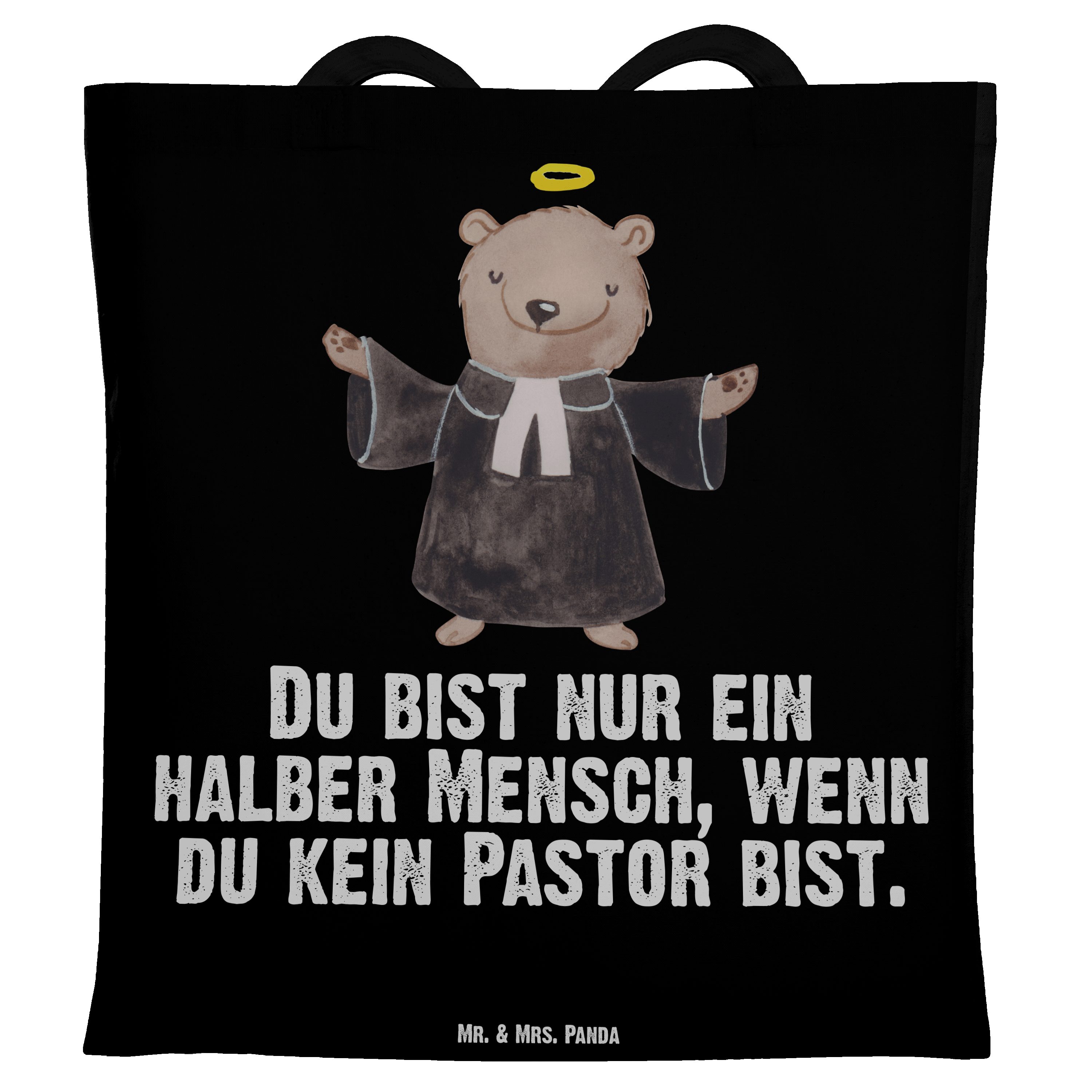 Mr. & Mrs. Panda Tragetasche Pastor mit Herz - Schwarz - Geschenk, Rente, Pfarrer, Kirche, Jutebeu (1-tlg)