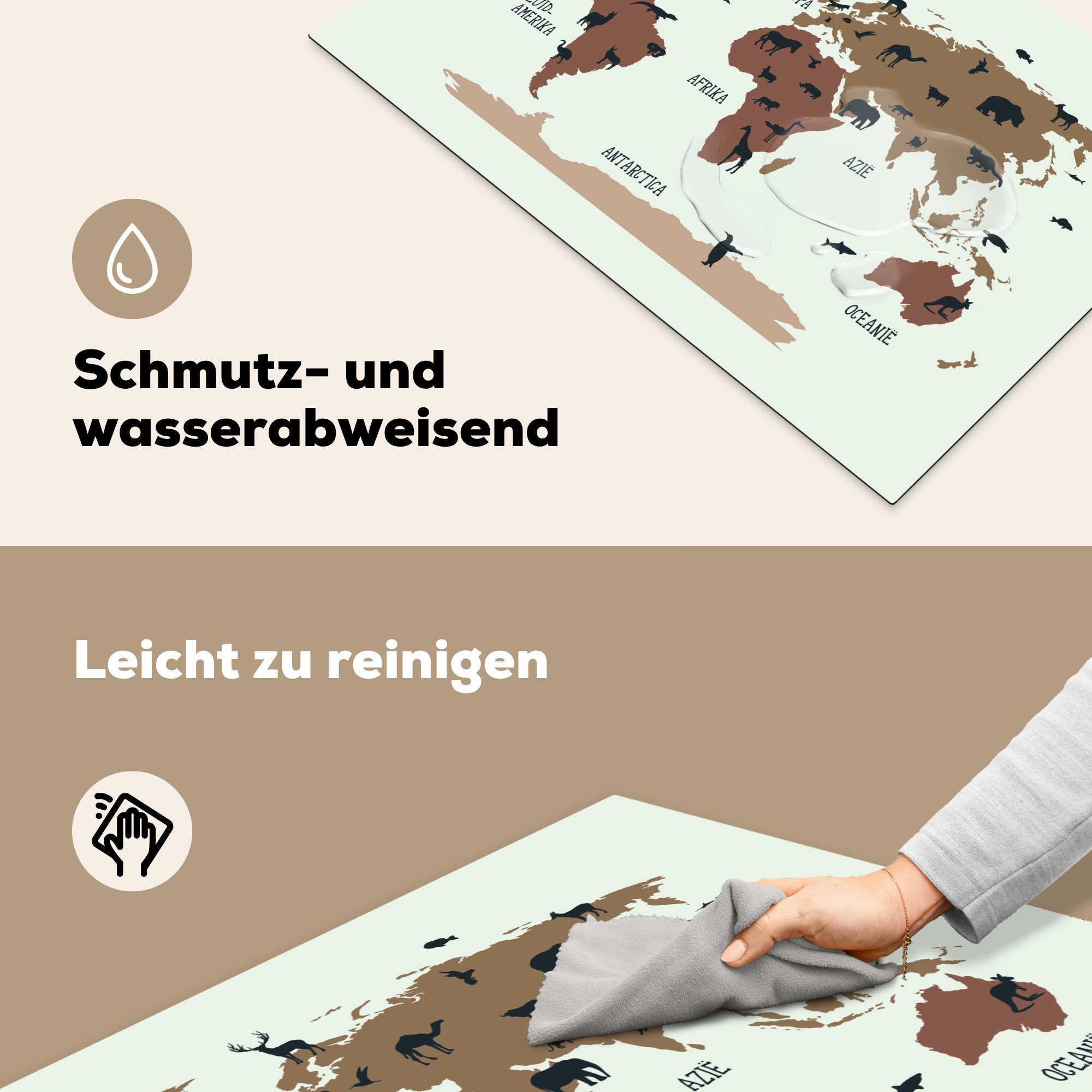 MuchoWow Herdblende-/Abdeckplatte Weltkarte Vinyl, Braun, cm, - tlg), küche, 81x52 die Schutz (1 für Tiere Induktionskochfeld - Ceranfeldabdeckung Kinder