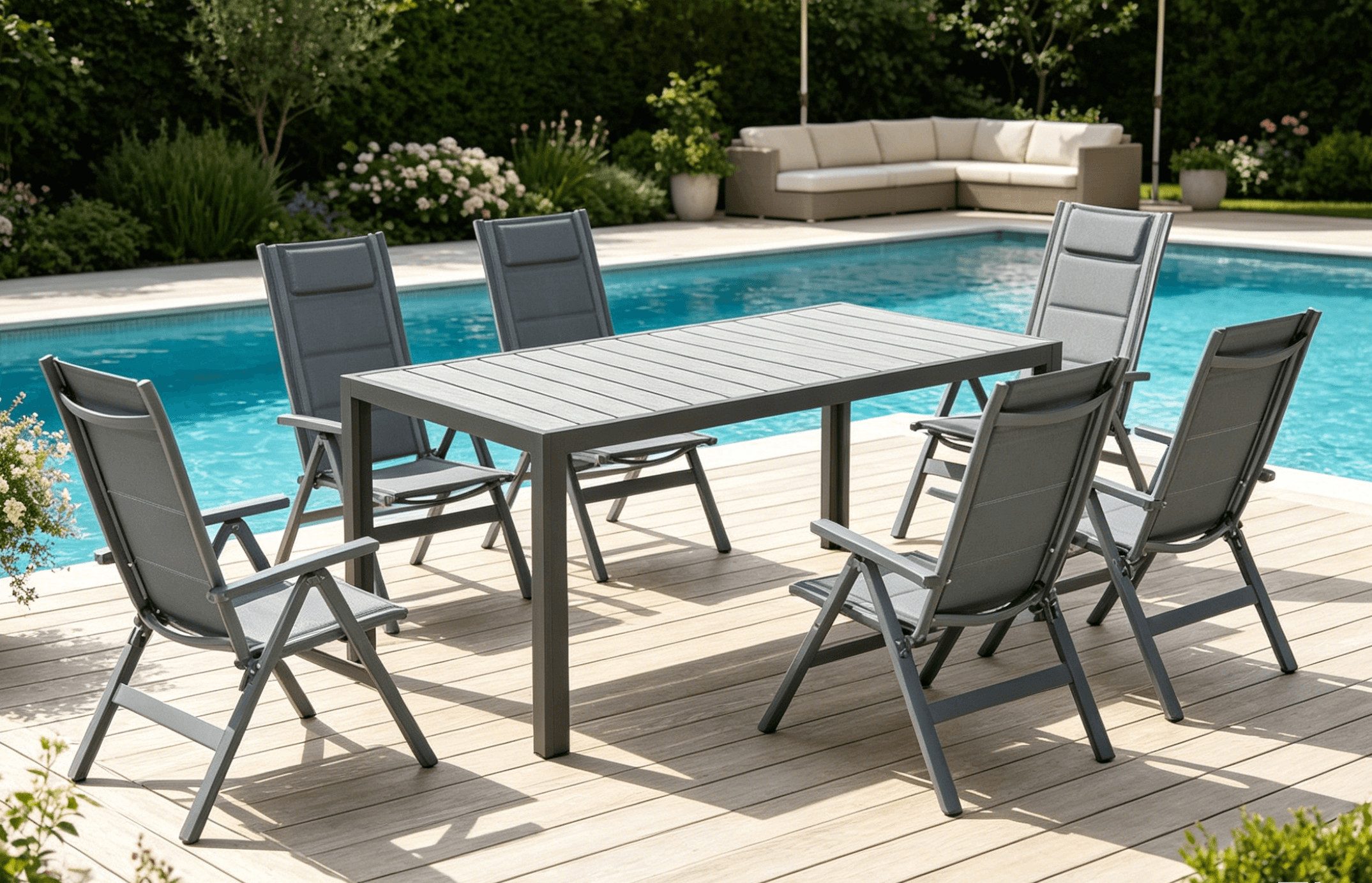 HOMALL Garten-Essgruppe Gartenmöbel Set aus klappbarer Armlehnstuhl und Aluminium Gartentisch, (7-tlg., 6 Klappstuhl (bis 160kg), 1Tisch (bis 100kg), Aluminium, Textilgewebe), Holzoptik Tisch & klappbare Stühle mit 7-fach verstellbarer Lehne