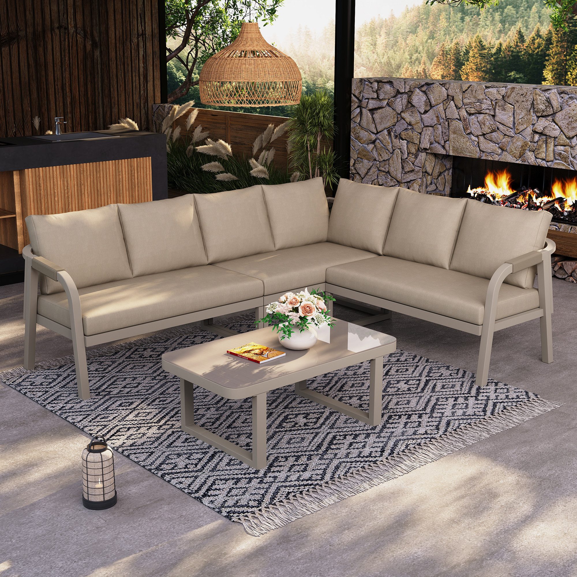 REDOM Gartenlounge-Set Eckstellung für bis zu 6 Personen, (Set, 2-tlg., Inklusive Ecksofa & Couchtisch, wetterfest), Geflochtene Arm- & Rückenlehnen, verzinkte Stahlrohre