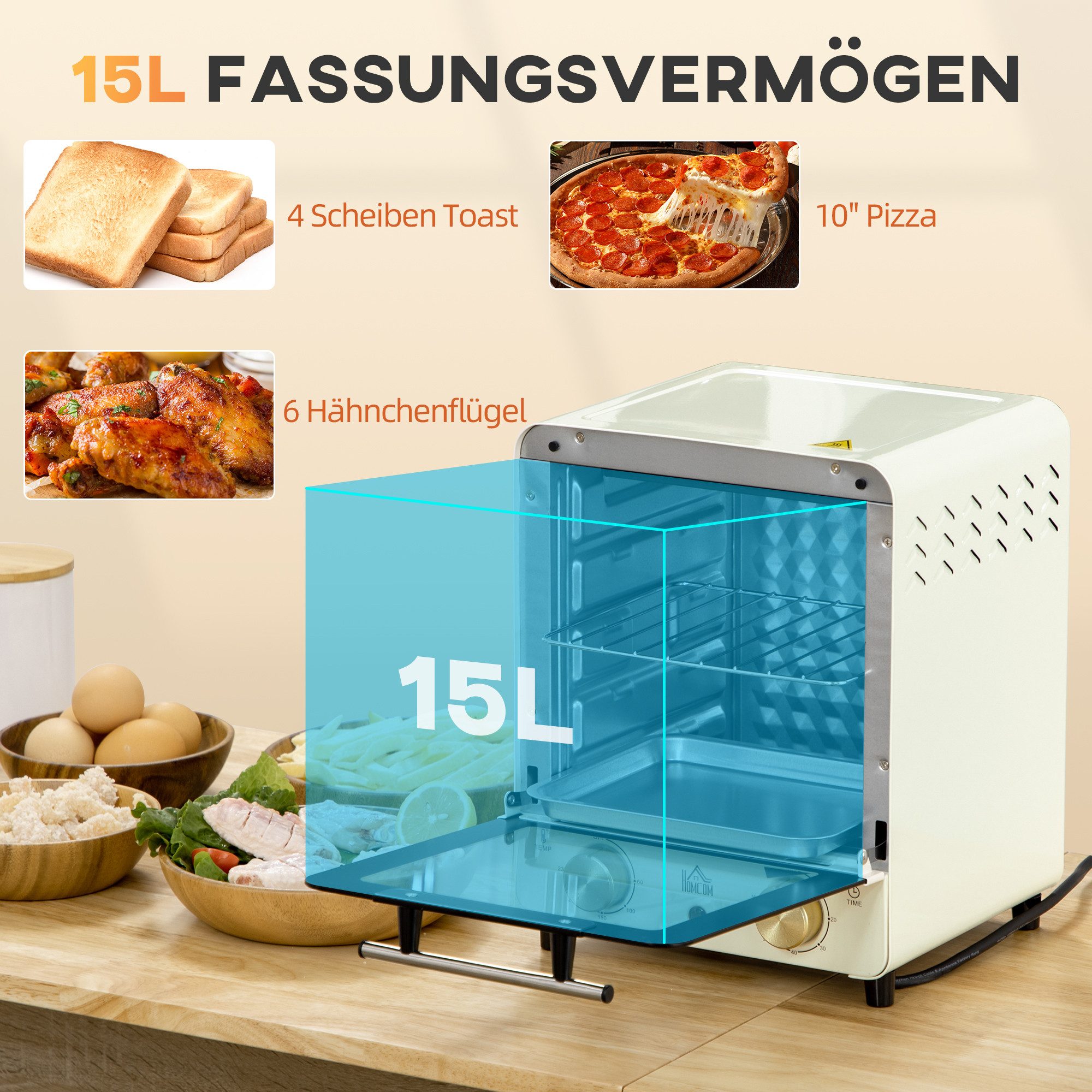 HOMCOM Minibackofen Backofen 10 L 750W 100-230℃ mit Backblech Pizza-Ofen, zum Grillen, Backen, Toasten, Cremeweiß – Bild 4 von 5