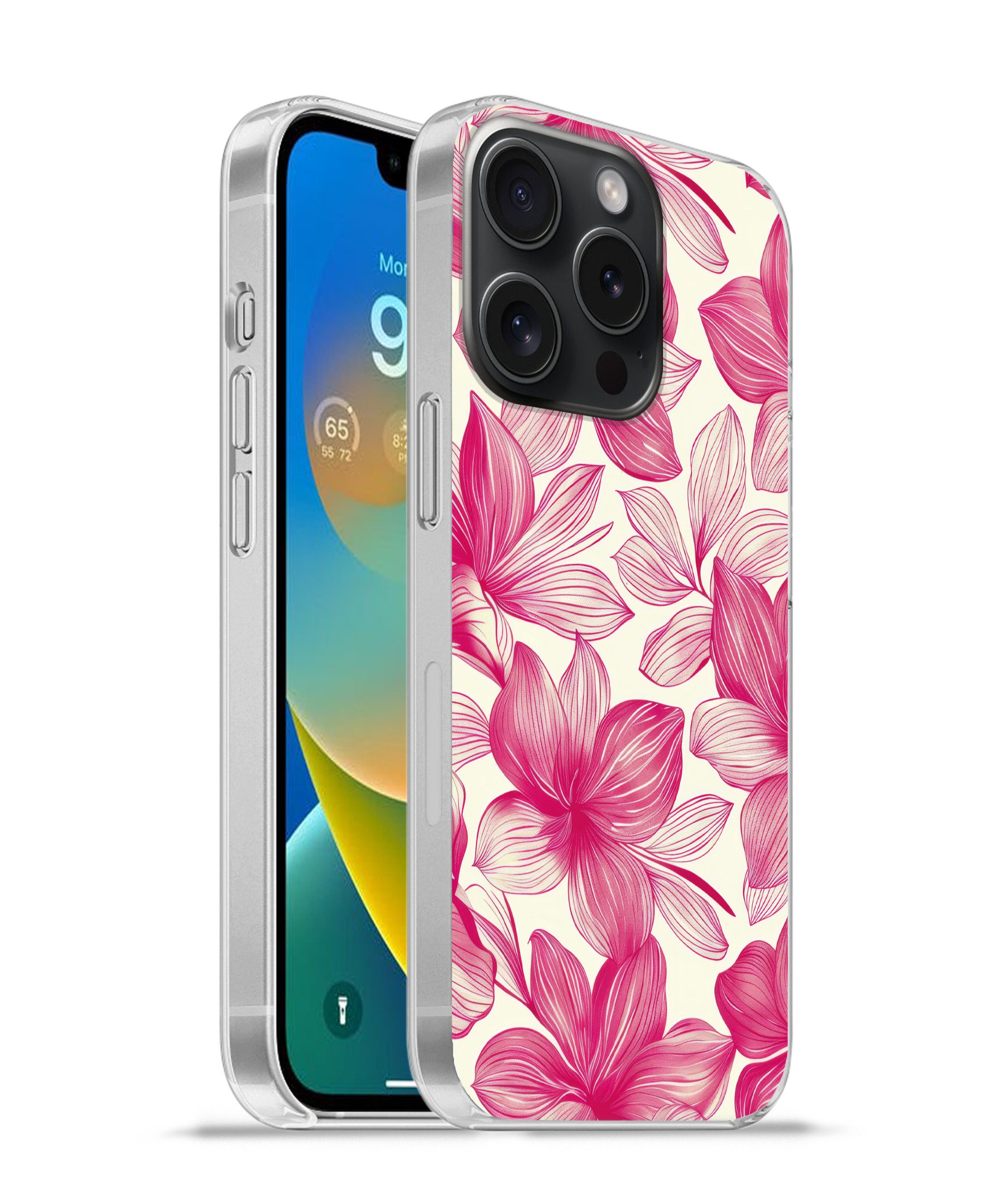 MuchoWow Handyhülle für Apple iPhone 15 Pro Blumen - Muster - Rosa - Weiß, Smartphone-Bumper, Print, Handy Schutzhülle Dünn