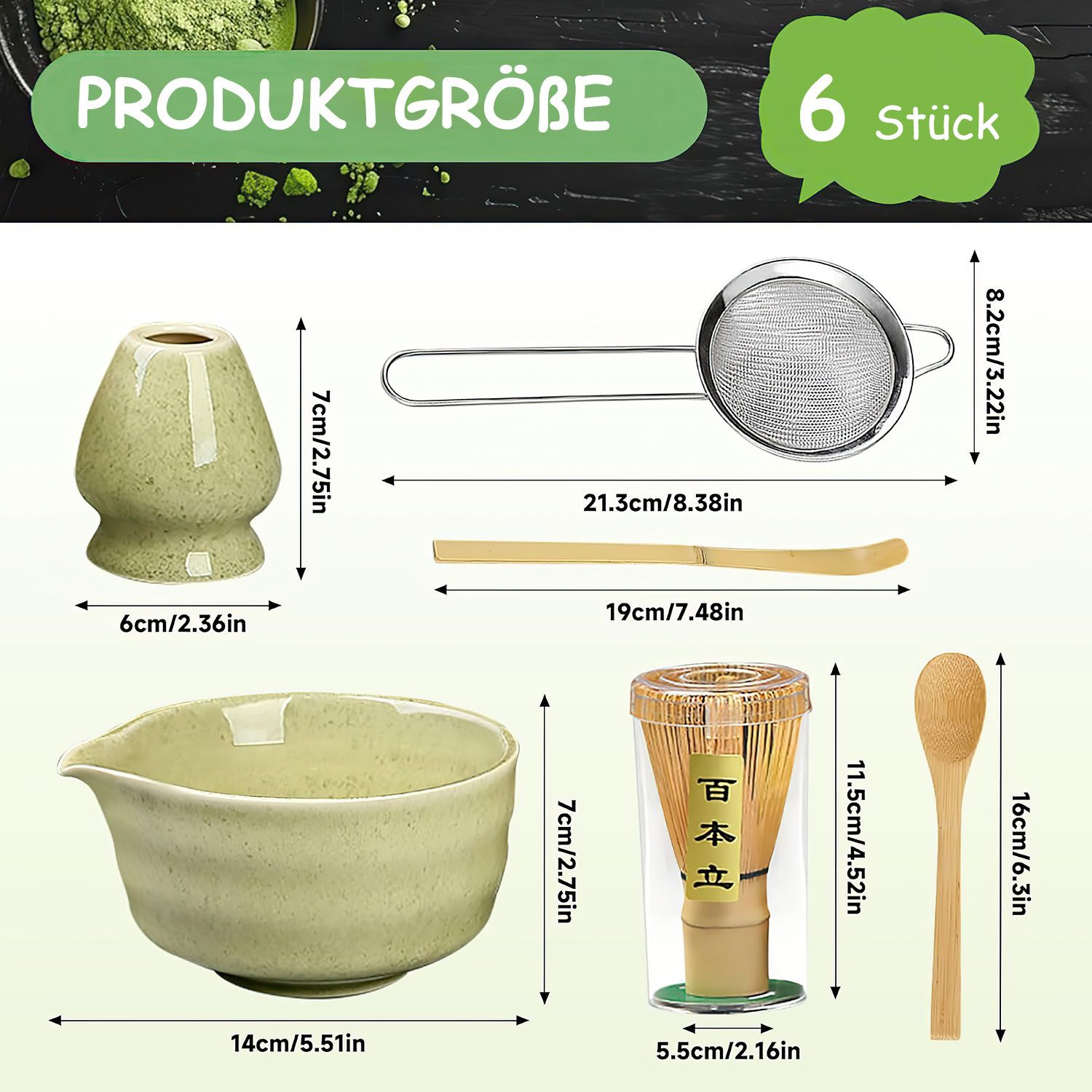 SURFOU Teeservice 6 Stück Matcha Tee Set mit Matcha Besen Edelstahlsieb Schal, 2 Matcha Löffel Besenhalter aus Keramik Matcha-Utensilien