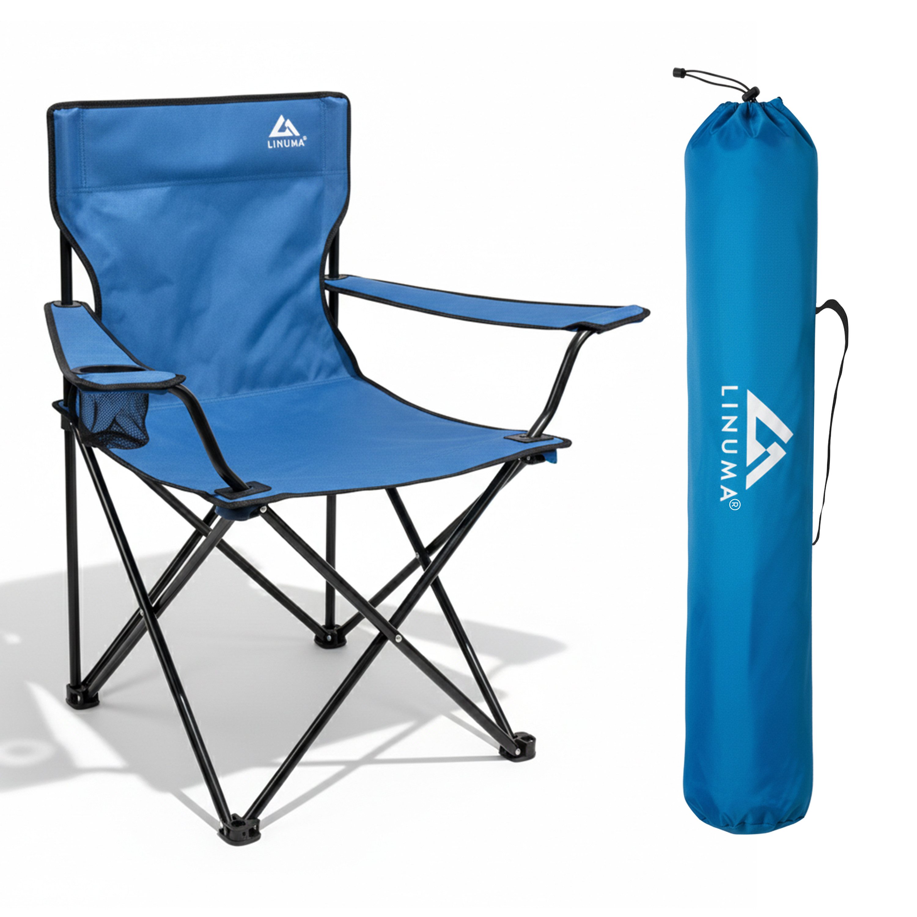 LINUMA Campingstuhl faltbar mit extra großem Getränkehalter, stabiler Klappstuhl schwarz (1 St), Faltbarer Campingstuhl mit XL-Getränkehalter für Festival & Outdoor
