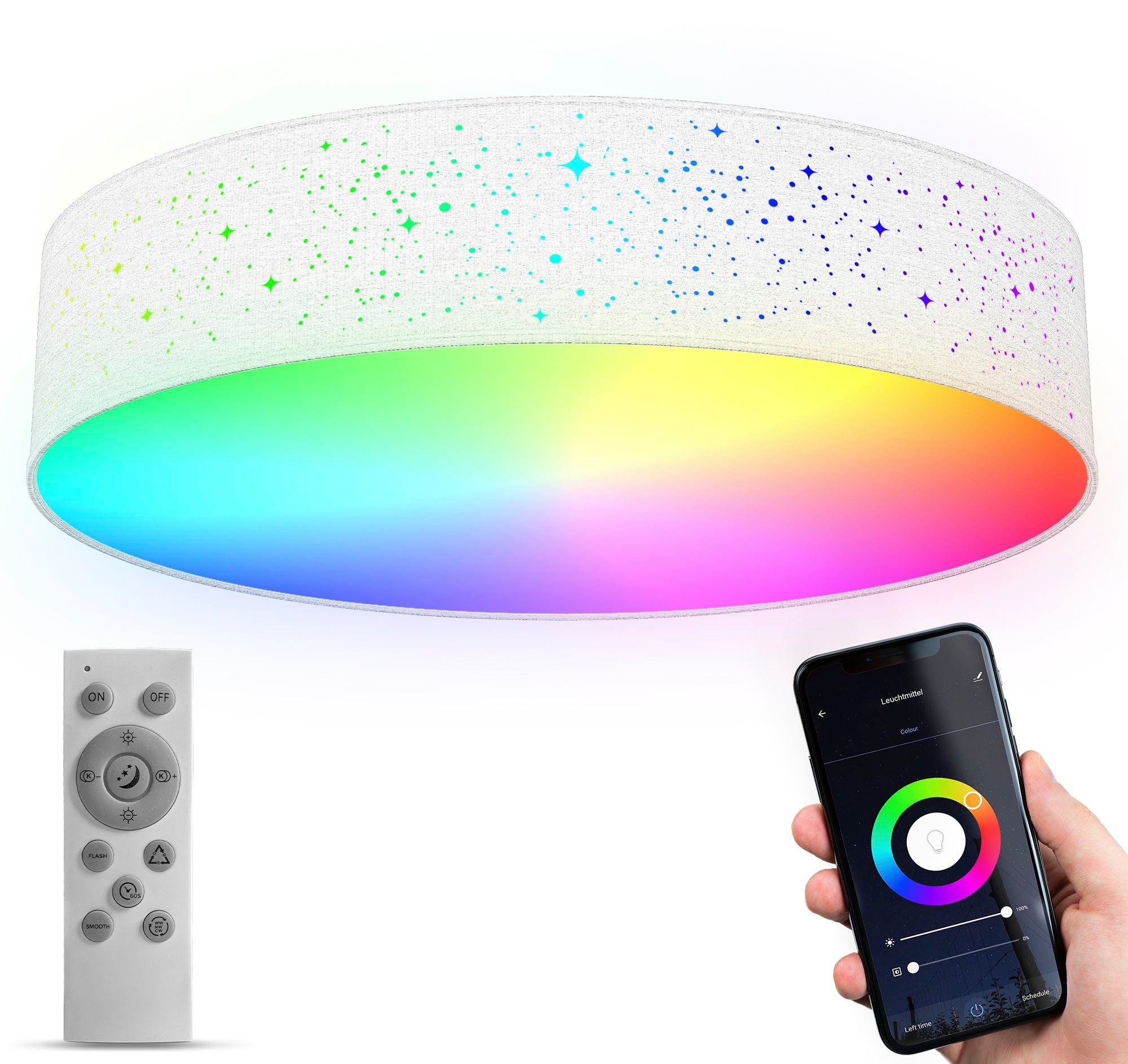 B.K.Licht LED Deckenleuchte BK_SD1477 WiFi RGB-CCT Deckenlampe, APP-Steuerung, iOS+Andorid, Smart Home, LED fest integriert, inkl. Fernbedienung, Farbwechsel und Lichteffekte, Ø49cm | Deckenlampen